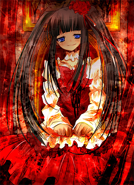 furudo erika, umineko no naku koro ni, 00s, black hair, blue eyes, dress, flower, frills, long hair, skirt, smile, solo, twintails, very long hair