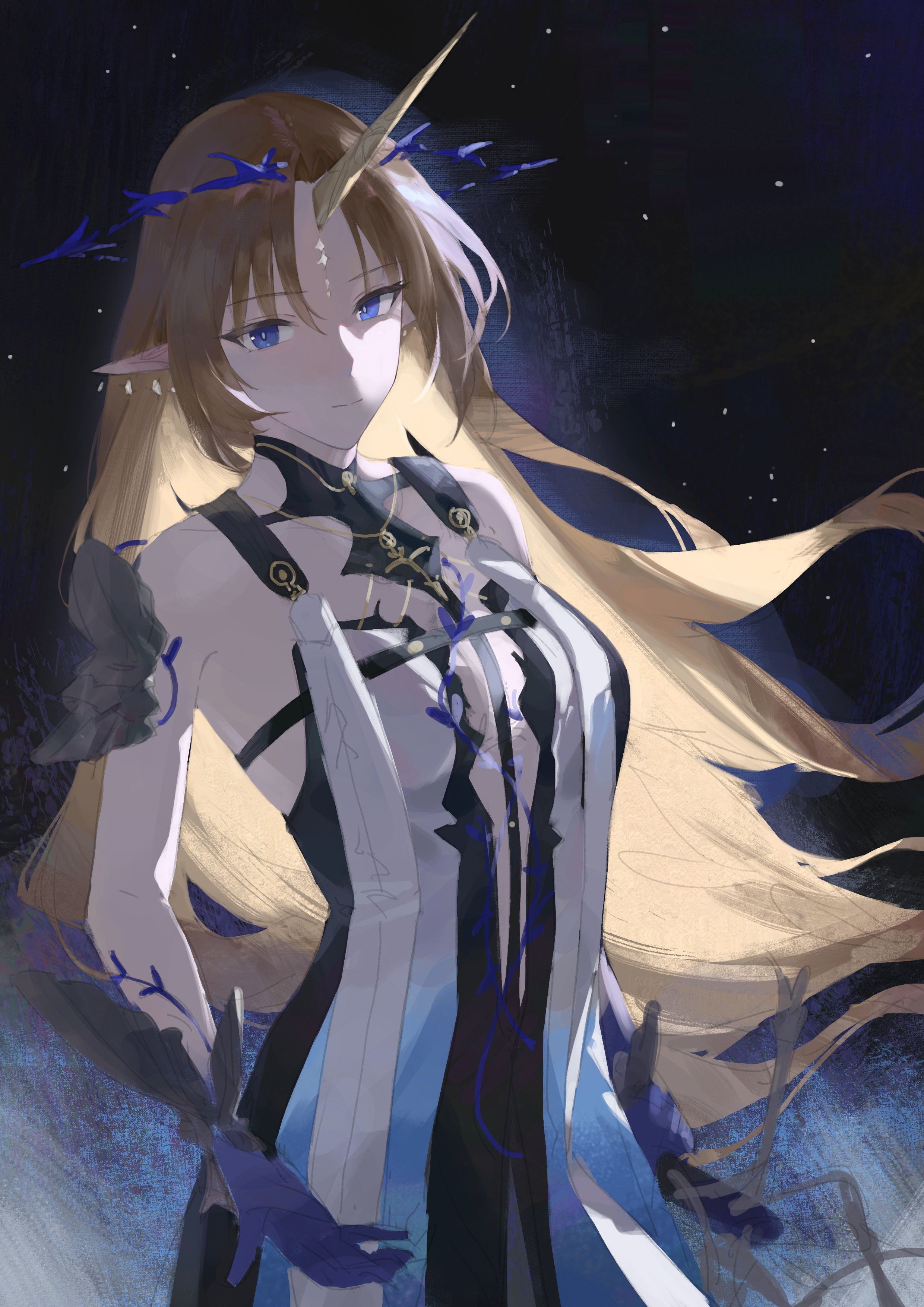 haizou bingsan, fleurdelys (wuthering waves), wuthering waves, absurdres, commentary, highres, 1girl, bare shoulders, black collar, black dress, blonde hair, blue eyes, blue hands, breast curtains, breasts, cleavage, closed mouth, collar, crown, crown of thorns, dress, earrings, floating crown, floating earrings, horns, jewelry, large breasts, long horns, looking at viewer, pointy ears, single horn, solo, tabard, white tabard, yellow horns