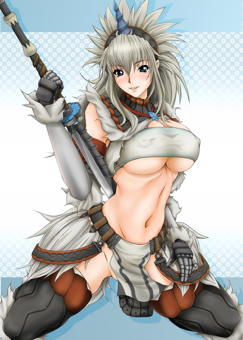 size hermitage, capcom, monster hunter (series), 1girl, armor, bandeau, blue eyes, breasts, covered erect nipples, elbow gloves, female focus, gloves, horns, huge breasts, kirin (armor), kneeling, long hair, midriff, navel, nipples, puffy nipples, single horn, smile, solo, strapless, sword, thighhighs, tube top, underboob, weapon, white hair