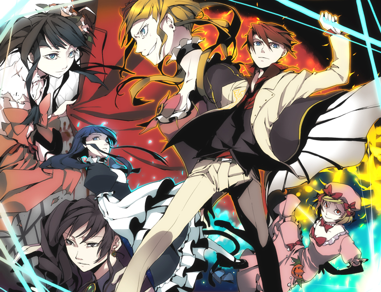 35, beatrice (umineko), frederica bernkastel, furudo erika, lambdadelta, ushiromiya battler, ushiromiya natsuhi, umineko no naku koro ni, 00s, 1boy, 5girls, black eyes, black gloves, black hair, blonde hair, blue eyes, blue hair, bow, brown hair, choker, dress, evil smile, expressionless, formal clothes, gloves, hat, long hair, multiple girls, necktie, pink dress, red eyes, ribbon, short hair, smile, suit