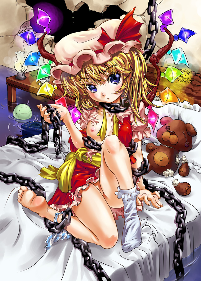 uirou (uirou1), flandre scarlet, haro, gundam, touhou, 1girl, barefoot, bed, blonde hair, blue eyes, chain, feet, female focus, flat chest, hat, loli, nipples, panties, panties around leg, ponytail, short hair, side ponytail, socks, solo, stuffed animal, stuffed toy, teddy bear, torn clothes, underwear, water, wings