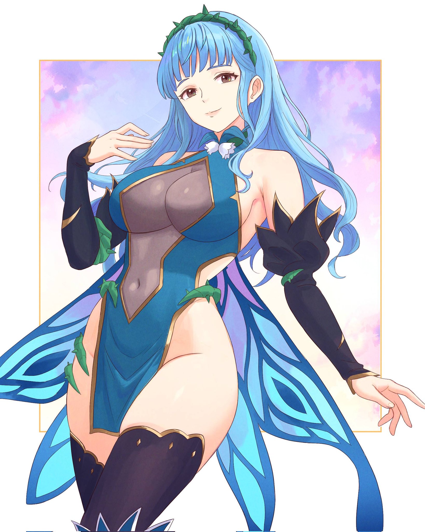 truejekart, female corrin (fire emblem), female corrin (resplendent) (fire emblem), marianne von edmund, fire emblem, fire emblem: three houses, fire emblem heroes, nintendo, commentary, english commentary, highres, second-party source, 1girl, alternate costume, bare shoulders, black sleeves, black thighhighs, blue hair, breasts, brown eyes, cape, closed mouth, cosplay, covered navel, detached sleeves, dress, fairy wings, female corrin (fire emblem) (cosplay), hair vines, hairband, large breasts, long hair, looking at viewer, see-through clothes, see-through cutout, smile, solo, thighhighs, thighs, thorns, wing cape, wings