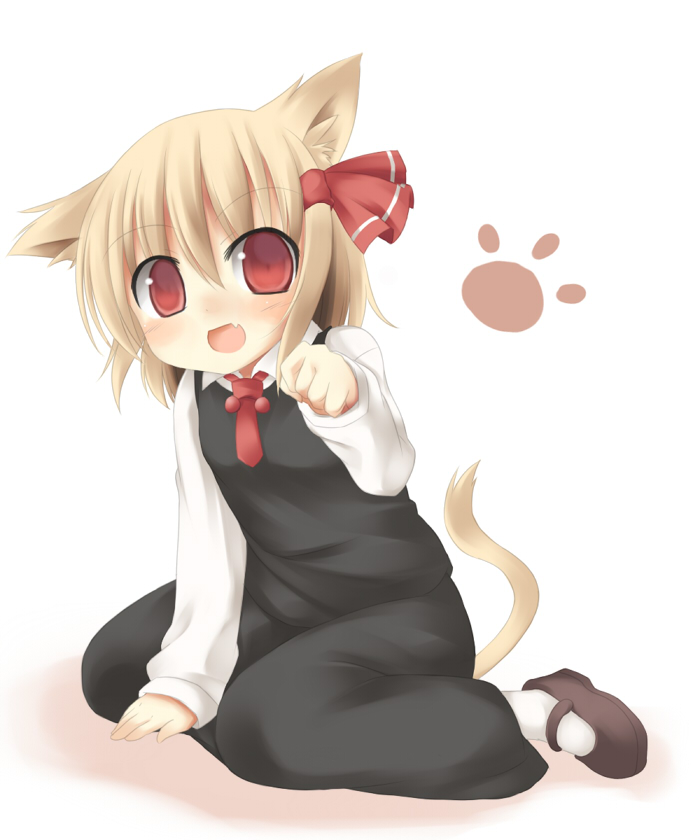 nami (cassette), rumia, embodiment of scarlet devil, touhou, 1girl, animal ears, blonde hair, cat ears, cat girl, cat tail, fang, female focus, hair ribbon, kemonomimi mode, mary janes, necktie, paw pose, paw print, red eyes, red necktie, ribbon, shoes, short hair, solo, tail