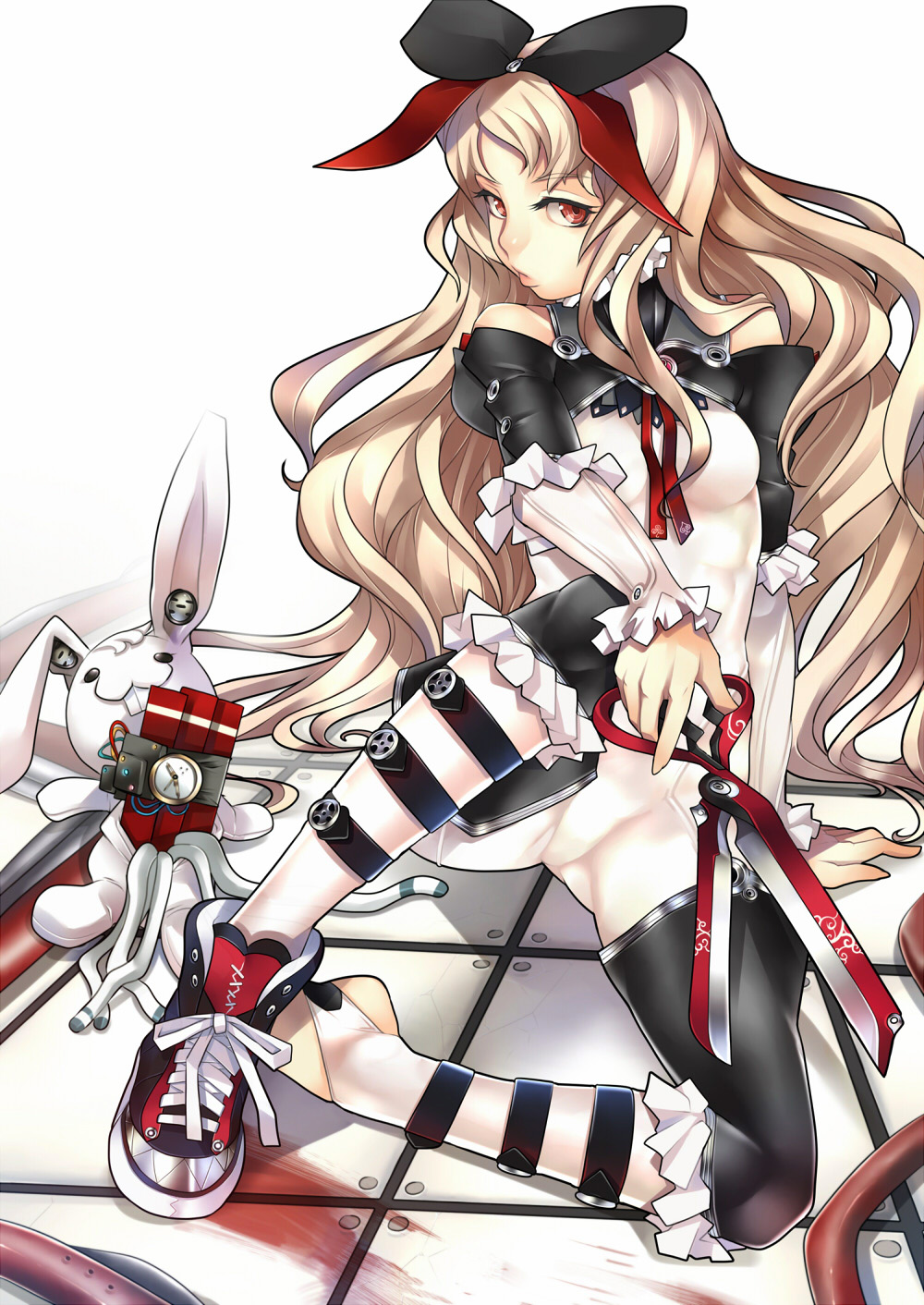 ban! (bansankan), alice (alice in wonderland), alice's adventures in wonderland, original, bad id, bad pixiv id, highres, 1girl, blonde hair, blood, brown hair, female focus, long hair, rabbit, red eyes, ribbon, scissors, shoes, single shoe, sneakers, solo, stuffed animal, stuffed rabbit, stuffed toy, thighhighs