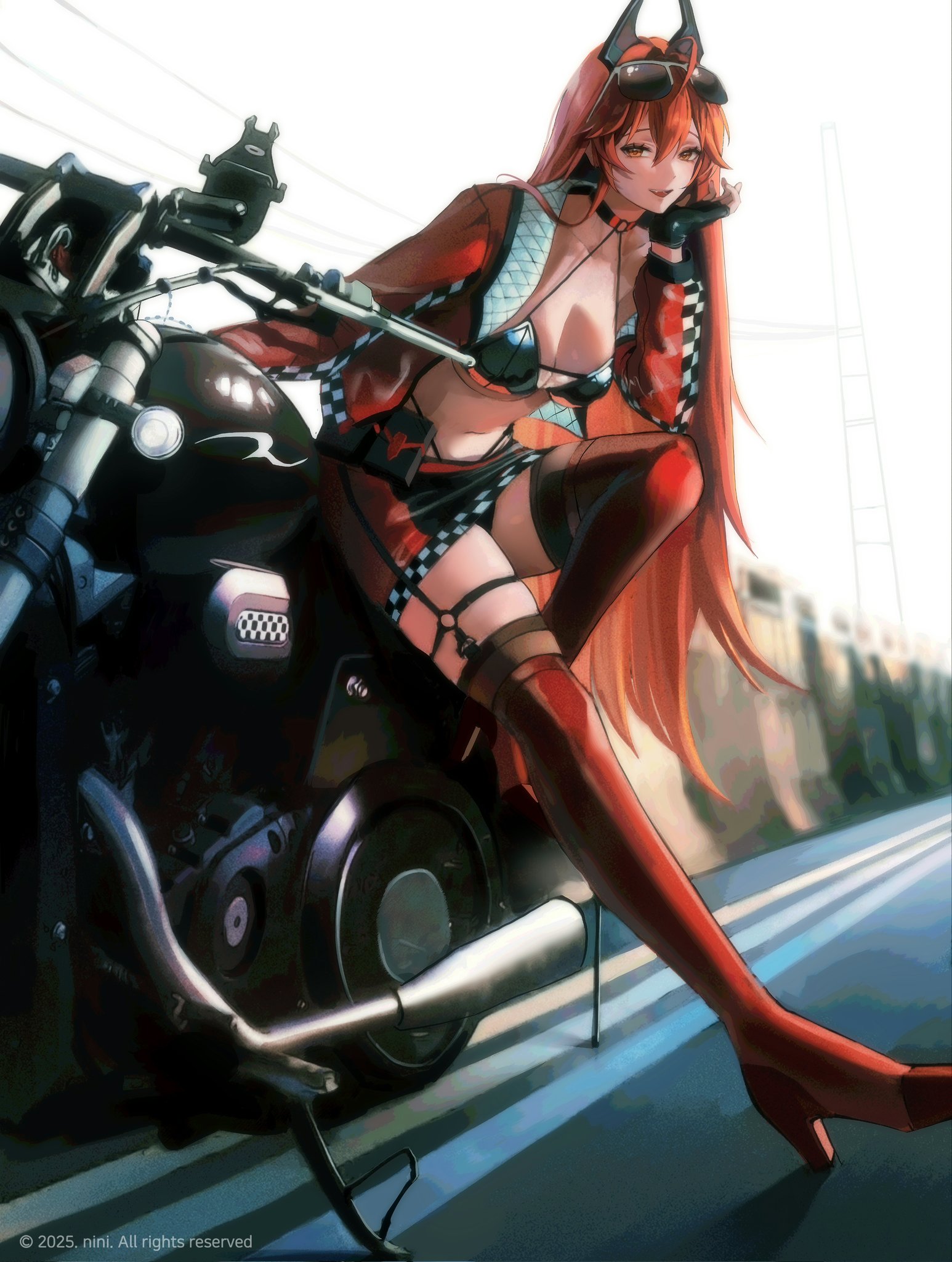n1n1, red hood (nikke), goddess of victory: nikke, hashtag-only commentary, highres, 1girl, alternate costume, bikini, bikini top only, black gloves, boots, breasts, cleavage, copyright notice, eyewear on head, fingerless gloves, gloves, hand on own chin, high heel boots, high heels, highleg, highleg panties, horns, jacket, large breasts, long hair, looking at viewer, miniskirt, motor vehicle, motorcycle, open mouth, panties, pantylines, race queen, red boots, red hair, red jacket, red skirt, road, skirt, swimsuit, thighhighs, thighhighs under boots, underwear, very long hair