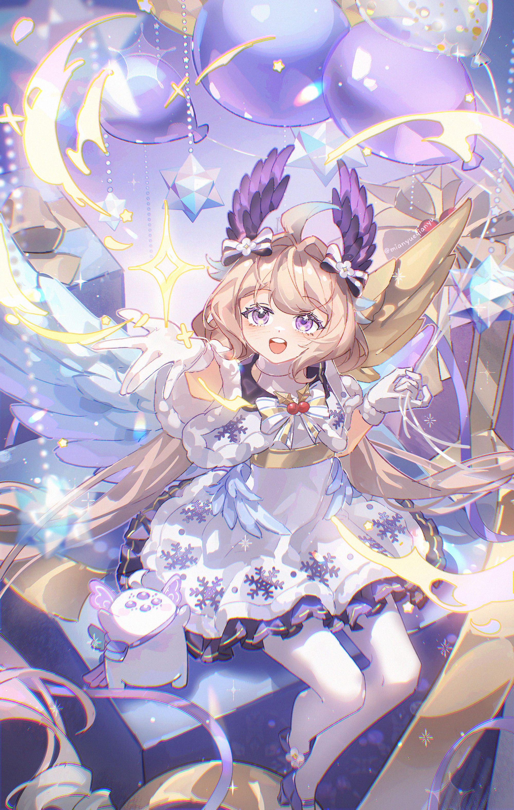 dzrzpuna2tcxcu3, aloupeep (enna alouette), enna alouette, nijisanji, nijisanji en, absurdres, commentary, highres, symbol-only commentary, 1girl, :d, ahoge, balloon, blonde hair, blush, bow, dress, fur-trimmed dress, fur trim, gloves, hair bow, hair intakes, head wings, high heels, holding, holding balloon, long hair, looking up, low twintails, open mouth, pantyhose, purple eyes, sitting, smile, snowflakes, sparkle, twintails, very long hair, virtual youtuber, white gloves, white pantyhose, wings