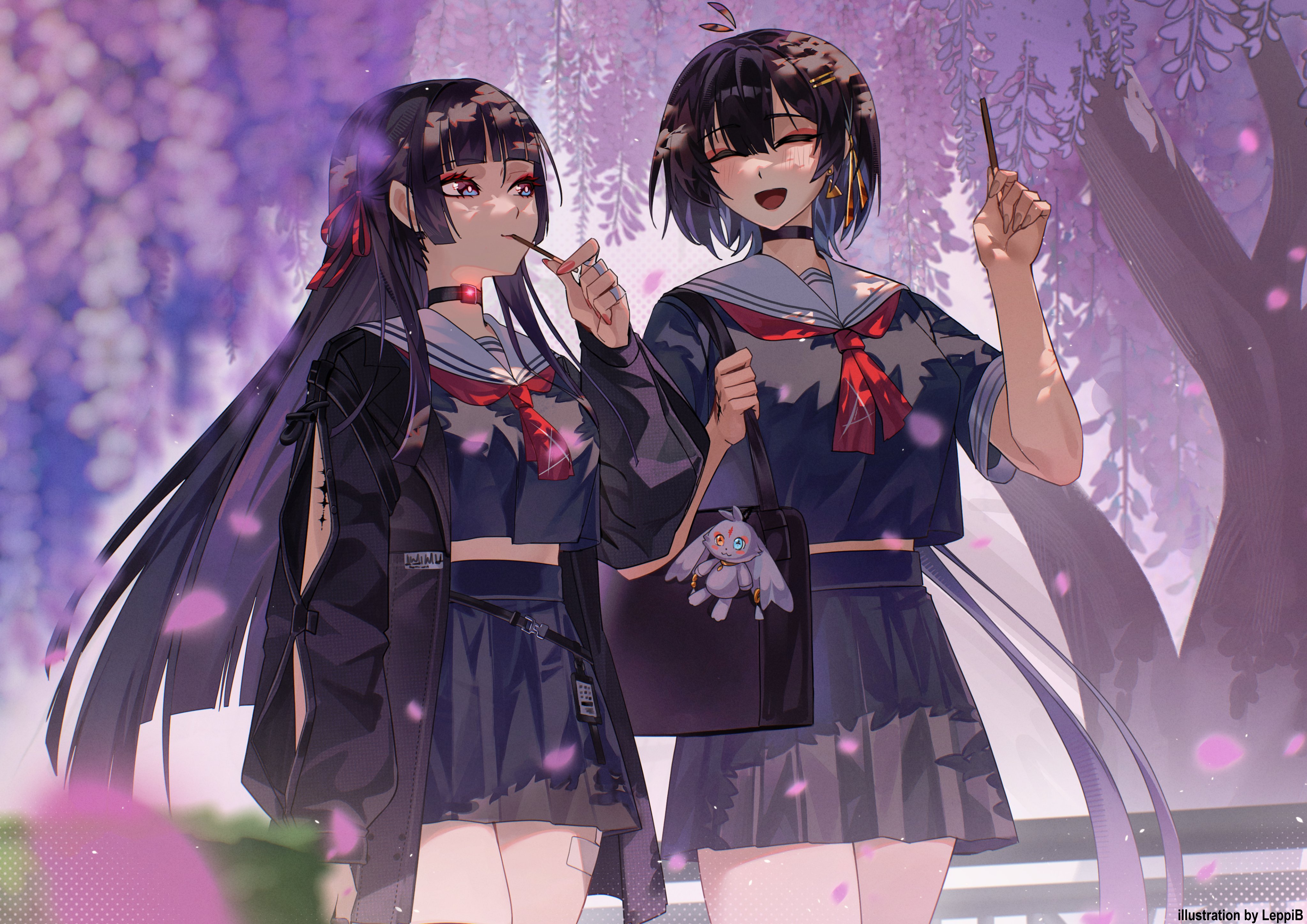 leppib, abby (wuthering waves), chisa (wuthering waves), female rover (wuthering waves), rover (wuthering waves), wuthering waves, absurdres, commentary, english commentary, highres, 2girls, alternate costume, arm cutout, artist name, bag, bag charm, black choker, black hair, black jacket, black serafuku, black shirt, black skirt, blurry, blurry foreground, breasts, charm (object), choker, closed eyes, clothing cutout, eating, food, food in mouth, hair ribbon, jacket, long hair, long sleeves, looking at another, medium breasts, multiple girls, neckerchief, open mouth, pocky, pocky in mouth, red neckerchief, red ribbon, ribbon, sailor collar, school bag, school uniform, serafuku, shirt, skirt, smile, tacet mark (wuthering waves), very long hair, white sailor collar