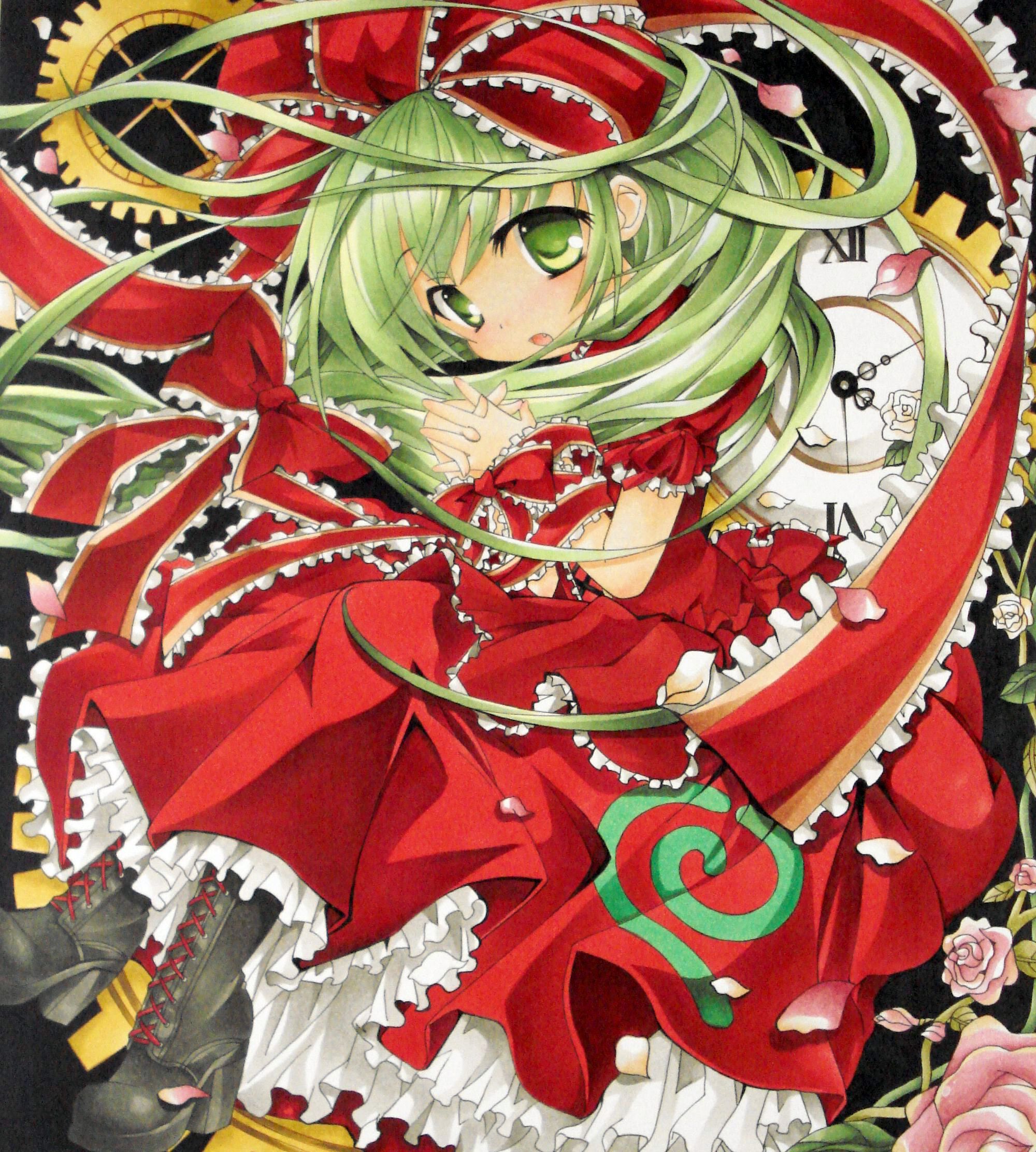 yuki tsuki sou, yukitsuki kokoro, kagiyama hina, touhou, bad id, bad pixiv id, highres, jpeg artifacts, traditional media, 1girl, boots, bow, clock, crossed legs, fang, female focus, frills, front ponytail, gears, green eyes, green hair, hair bow, hair ribbon, high heels, lace-up boots, long hair, matching hair/eyes, own hands clasped, own hands together, ribbon, shikishi, shoes, sitting, solo