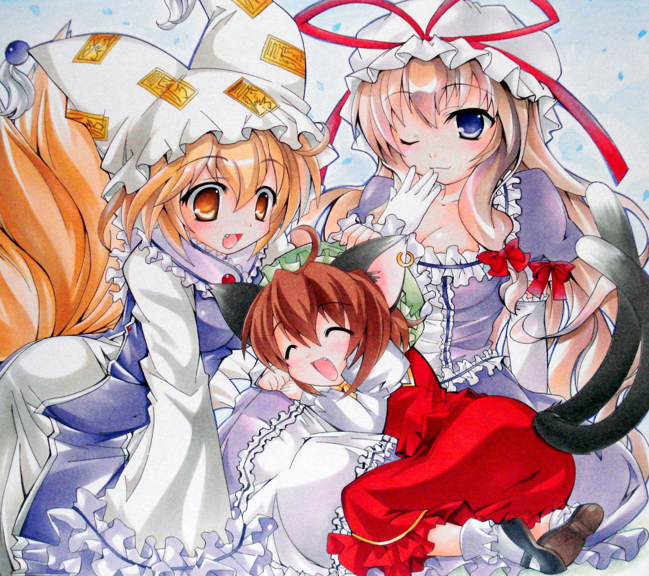 yuki tsuki sou, yukitsuki kokoro, chen, yakumo ran, yakumo yukari, touhou, bad id, bad pixiv id, highres, jpeg artifacts, marker (medium), millipen (medium), pastel (medium), pen (medium), traditional media, 3girls, ahoge, animal ears, animal hat, bow, cat ears, cat girl, cat tail, closed eyes, earrings, elbow gloves, fang, female focus, fox tail, frills, gloves, hair bow, happy, hat, hat ribbon, jewelry, long sleeves, mob cap, multiple girls, multiple tails, one eye closed, open mouth, puffy short sleeves, puffy sleeves, ribbon, shikishi, shoes, short hair, short sleeves, socks, tail, tassel, wide sleeves, wink
