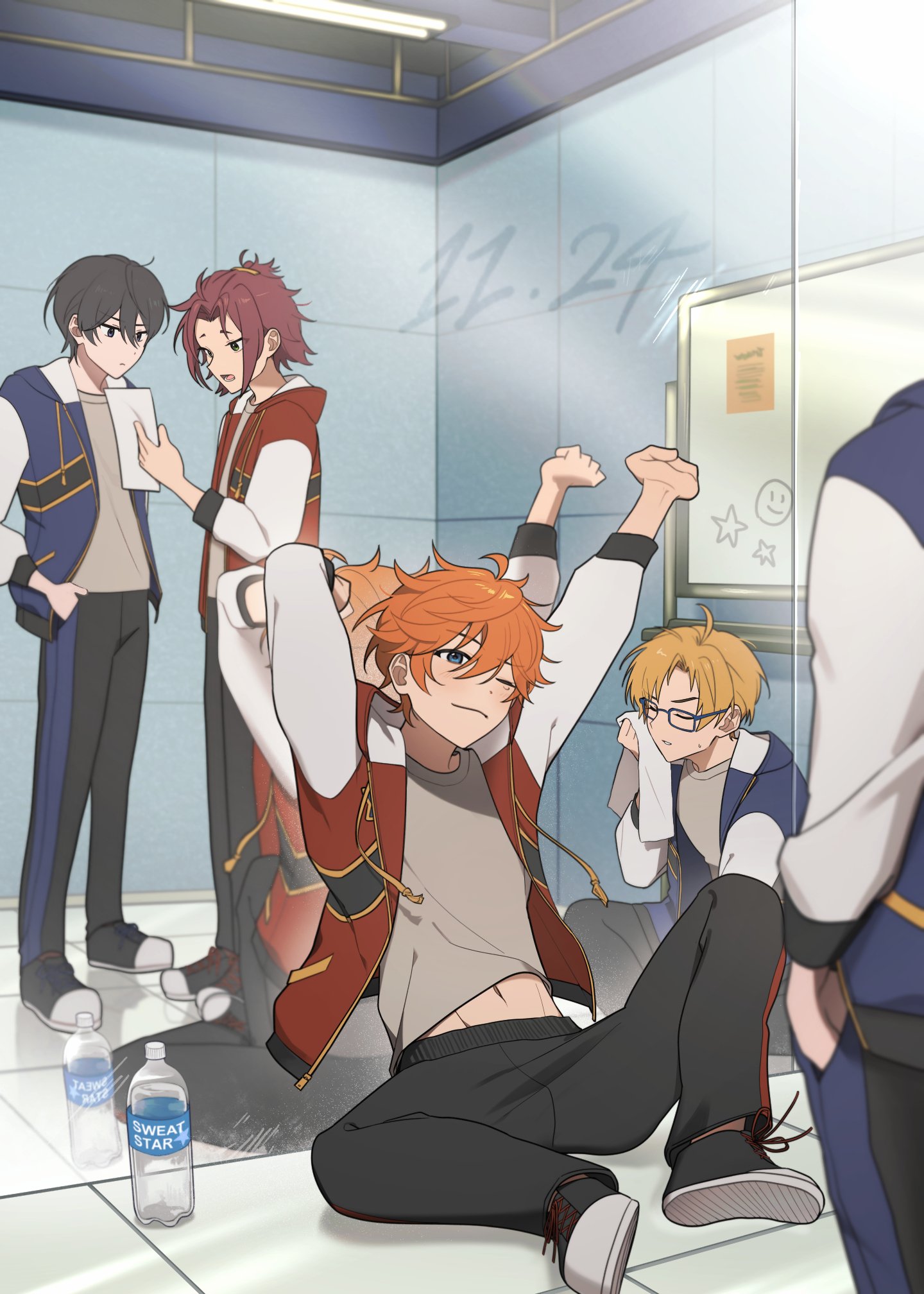 akehoshi subaru, hidaka hokuto, isara mao, yuuki makoto (ensemble stars!), ensemble stars!, commentary, highres, korean commentary, 4boys, arms up, bbahot, black pants, full-length mirror, full body, glasses, hair between eyes, hand in pocket, holding, holding paper, holding towel, jacket, midriff peek, mirror, multiple boys, on floor, one eye closed, open clothes, open jacket, orange hair, pants, paper, plastic bottle, short hair, sitting, standing, stretching, tile floor, tiles, towel, trickstar (ensemble stars!), whiteboard, wiping face