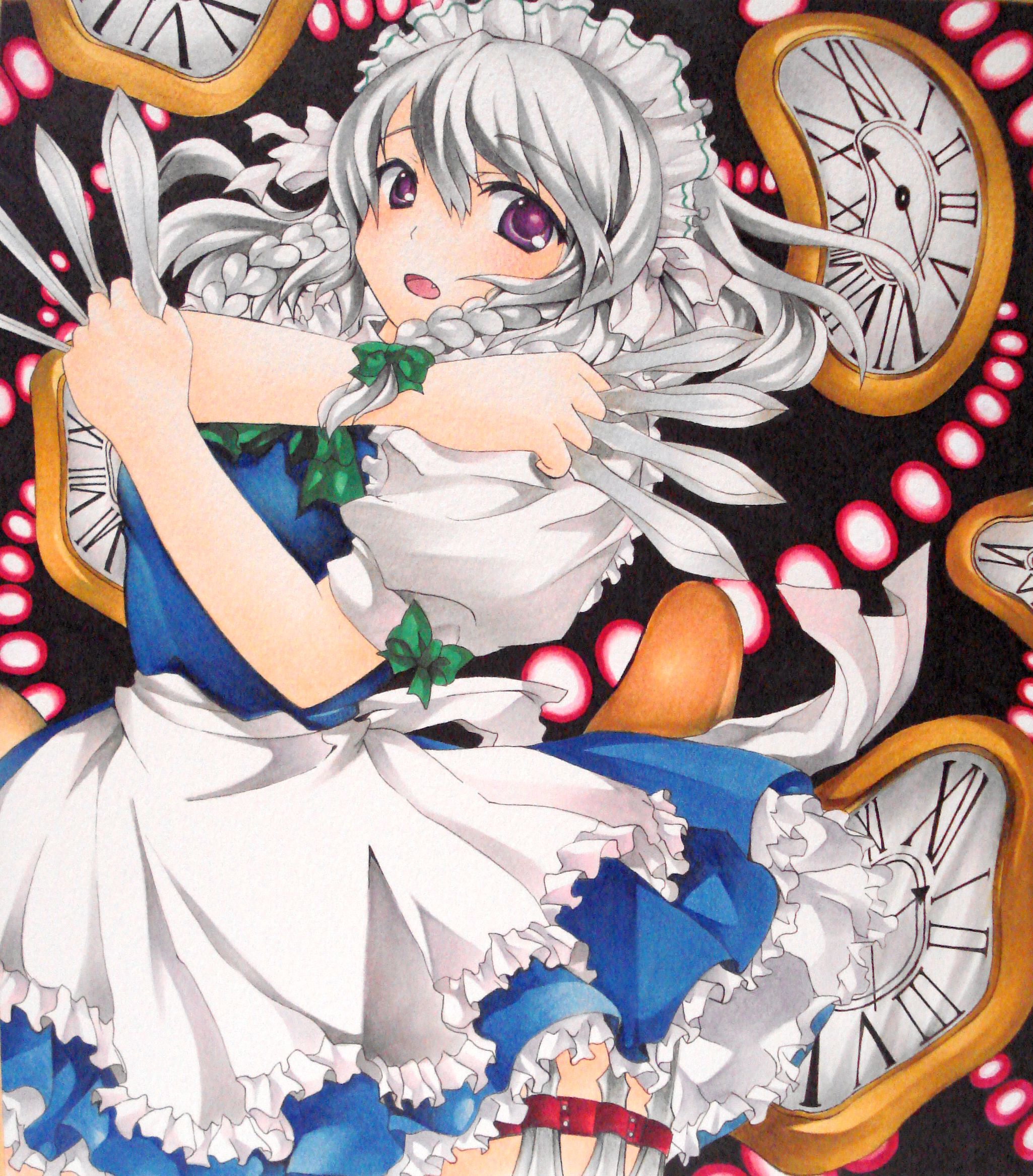 yuki tsuki sou, yukitsuki kokoro, izayoi sakuya, touhou, silver hair, bad id, bad pixiv id, highres, jpeg artifacts, traditional media, 1girl, between fingers, braid, clock, danmaku, fang, female focus, hairband, holding, holster, knife, looking at viewer, maid, purple eyes, shikishi, short hair, solo, thigh holster, twin braids