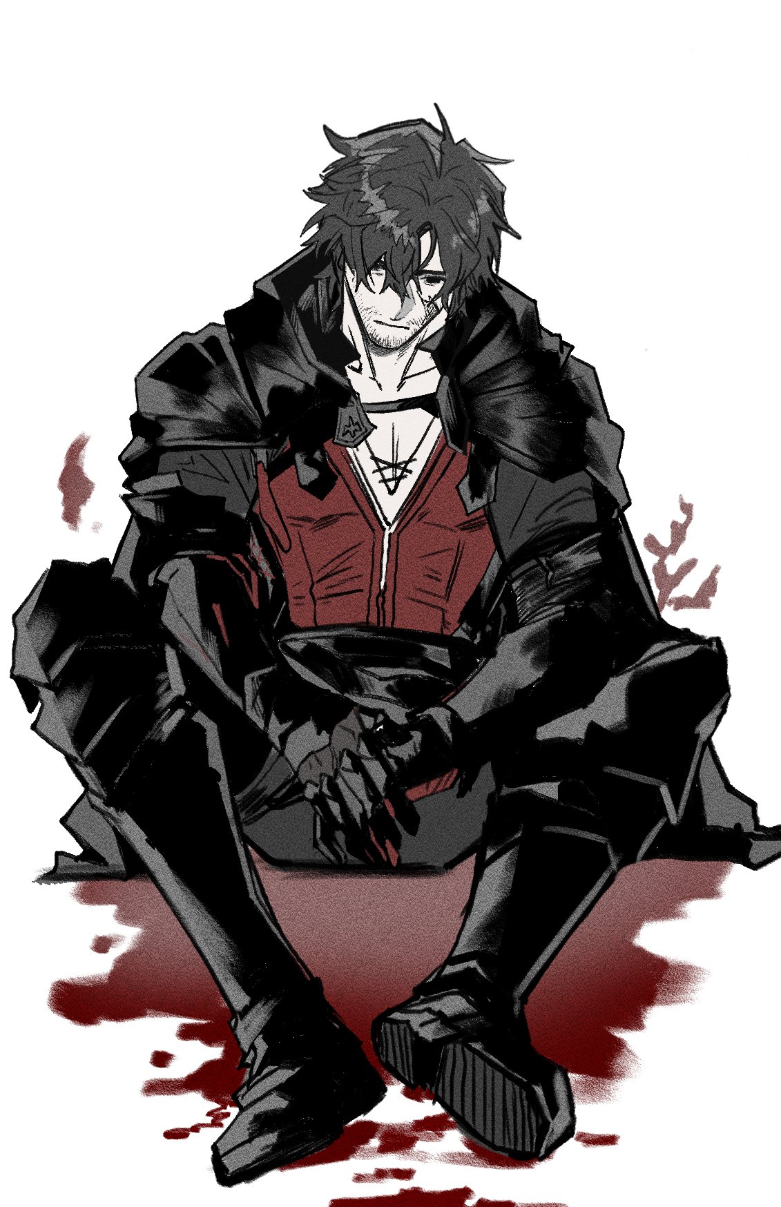 garbage paper, clive rosfield, final fantasy, final fantasy xvi, commentary, english commentary, highres, 1boy, black boots, black cape, black hair, black pants, boots, cape, closed mouth, collarbone, downcast eyes, long sleeves, male focus, pants, red shirt, shirt, sitting, solo, white background