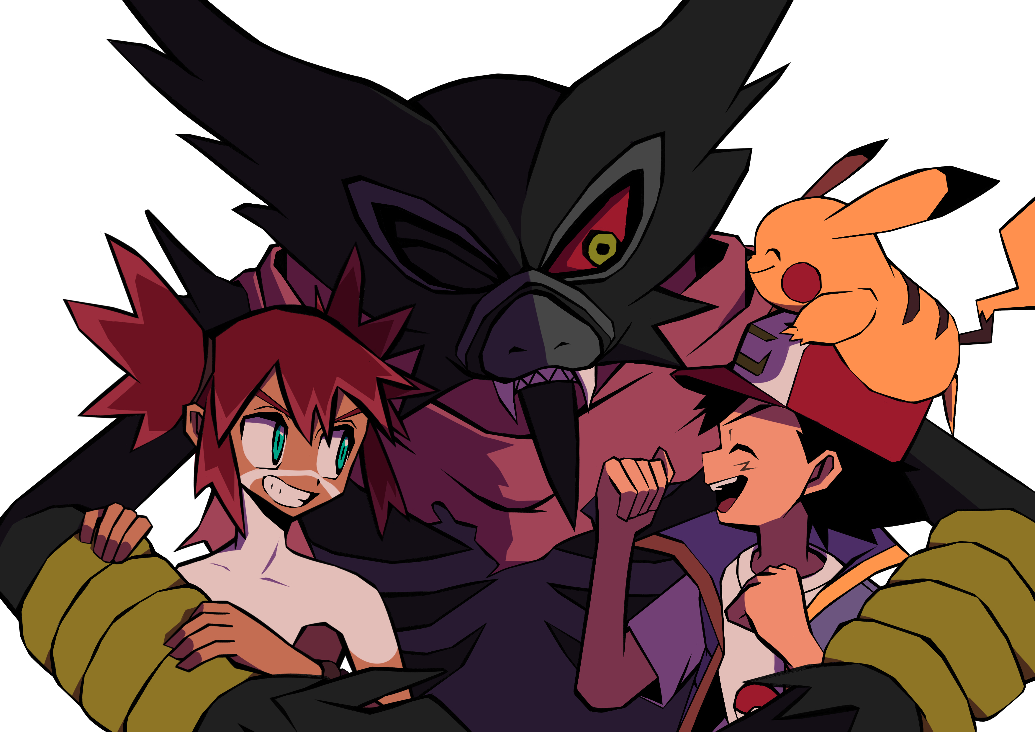 ottoyamaotoko8, ash ketchum, koko (pokemon), pikachu, zarude, zarude (dada), nintendo, pokemon, pokemon (anime), pokemon the movie: secrets of the jungle, absurdres, commentary request, highres, 2boys, aqua eyes, baseball cap, blue vest, bodypaint, clenched hands, closed eyes, closed mouth, clothed pokemon, colored sclera, dark-skinned male, dark skin, facepaint, fangs, gen 1 pokemon, gen 8 pokemon, green eyes, hands on another's arm, hat, multiple boys, mythical pokemon, nostrils, on head, one eye closed, open clothes, open mouth, open vest, poke ball print, pokemon (creature), pokemon on head, purple scarf, red hair, red hat, red sclera, scarf, sharp teeth, shirt, short hair, short sleeves, simple background, smile, teeth, topless male, torn clothes, torn scarf, upper body, upper teeth only, v-shaped eyebrows, vest, white background, white shirt