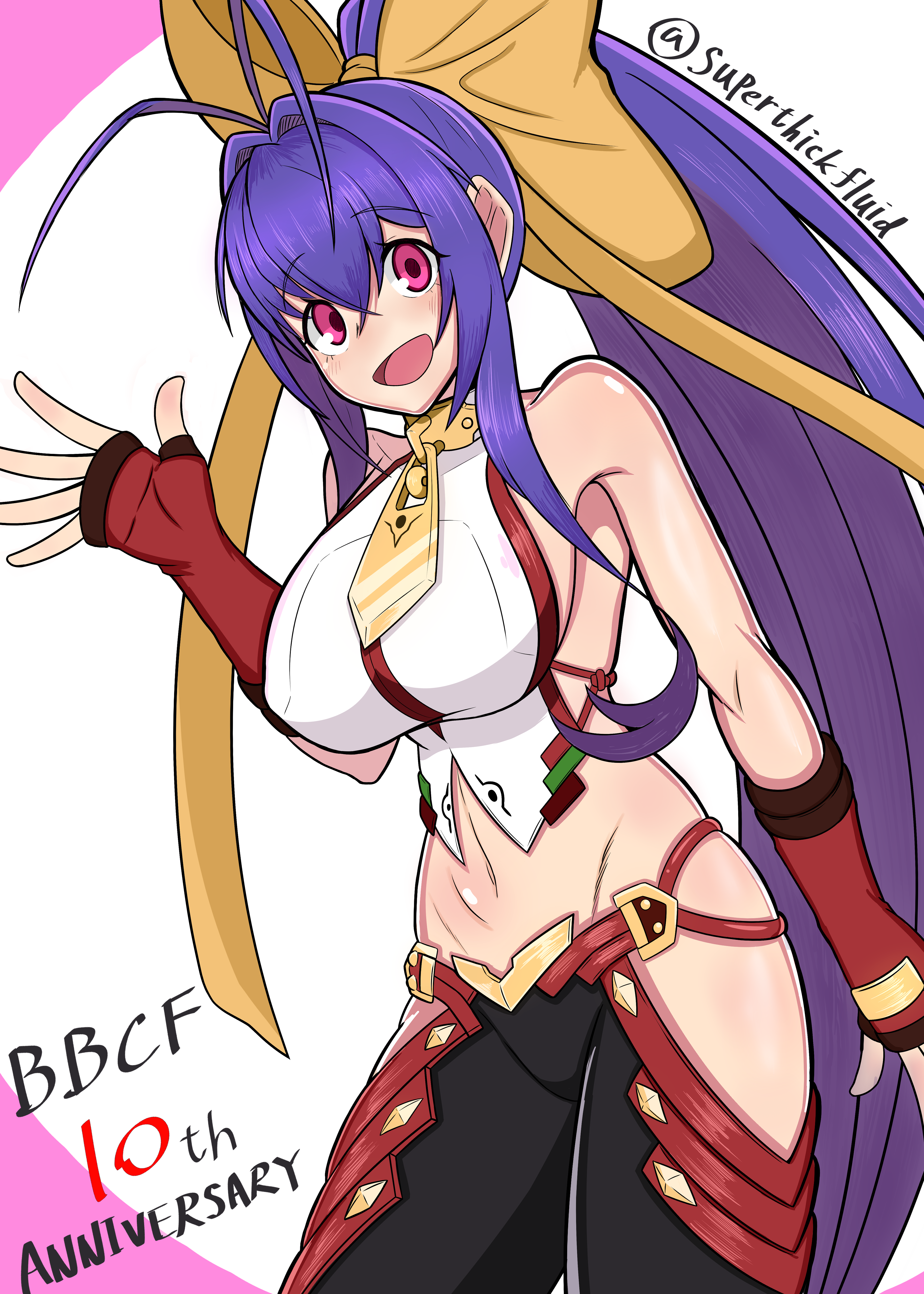 square-w, mai natsume, blazblue, blazblue: central fiction, absurdres, highres, 1girl, antenna hair, backless outfit, bare shoulders, blue hair, bow, breasts, cowboy shot, fingerless gloves, gloves, hair between eyes, hair bow, halterneck, large breasts, long hair, looking at viewer, lowleg, lowleg pants, navel, no bra, no nose, open mouth, pants, ponytail, purple eyes, red gloves, revealing clothes, ribbon, sideboob, sidelocks, smile, solo, very long hair, yellow bow