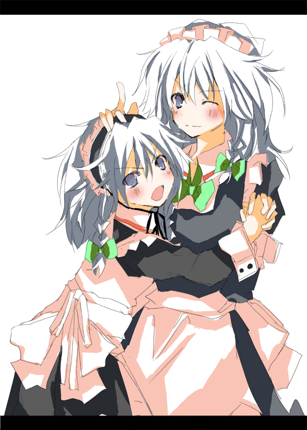 matsushita yuu, izayoi sakuya, touhou, bad id, bad pixiv id, 2girls, clone, dual persona, female focus, maid, multiple girls, one eye closed, ribbon, short hair, simple background, standing, time paradox, white background, wink