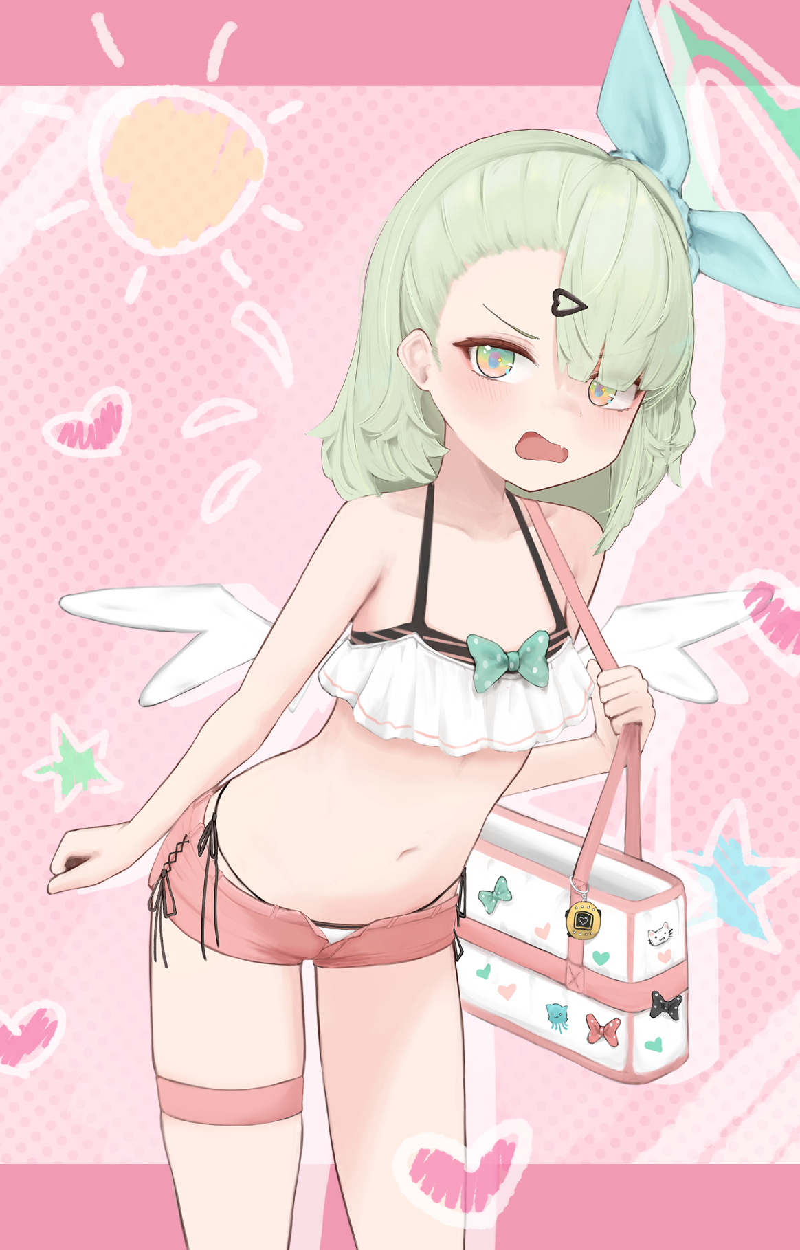 nullkurage, chinatsu remiel, zenless zone zero, commentary request, highres, 1girl, bag, bikini, bikini bottom under shorts, bikini under clothes, blue bow, bow, cowboy shot, flat chest, green eyes, green hair, green halo, hair bow, hair ornament, halo, heart, heart hair ornament, leaning forward, looking at viewer, medium hair, navel, open clothes, open mouth, open shorts, pink shorts, ruffle bikini, shorts, shoulder bag, solo, swimsuit, thigh strap, white bikini, white wings, wings