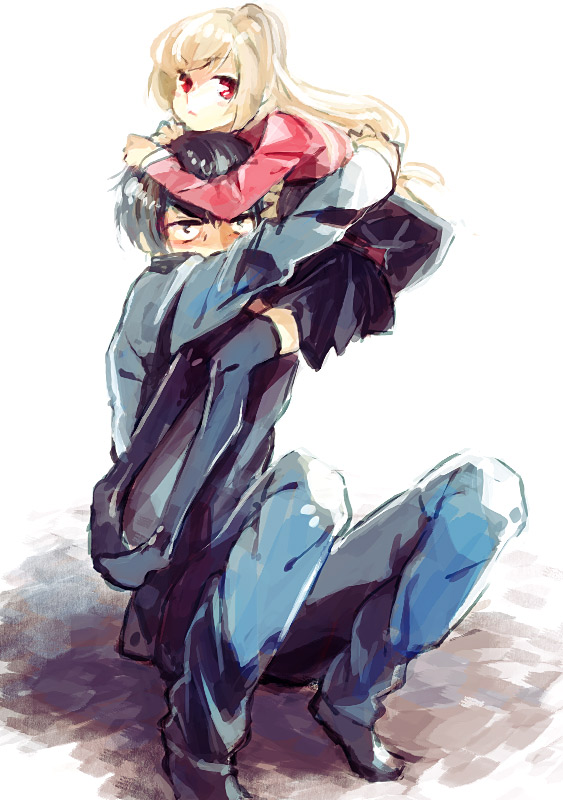 chiko (beroro), aisaka taiga, takasu ryuuji, toradora!, 00s, 1boy, 1girl, black hair, crazy eyes, denim, glomp, height difference, hetero, hug, jeans, knees up, long hair, long sleeves, looking at viewer, pants, red eyes, simple background, sitting, thighhighs, very long hair, white background, wide-eyed