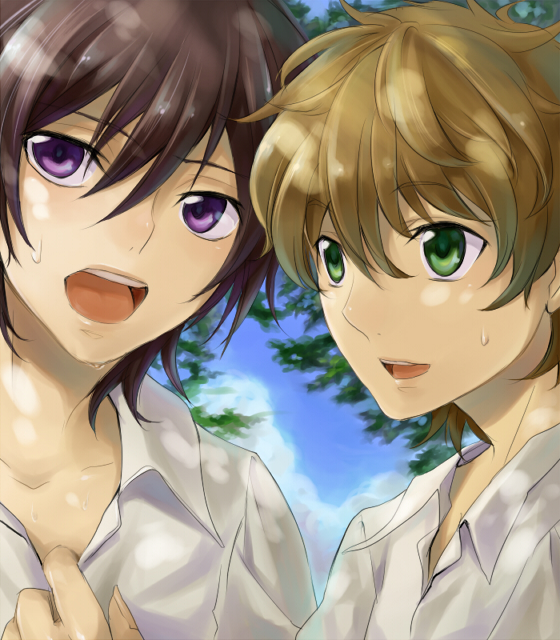 isumimax, kururugi suzaku, lelouch vi britannia, code geass, bad id, bad pixiv id, 00s, 2boys, brown hair, green eyes, male focus, multiple boys, nature, outdoors, plant, purple eyes, sky, upper body
