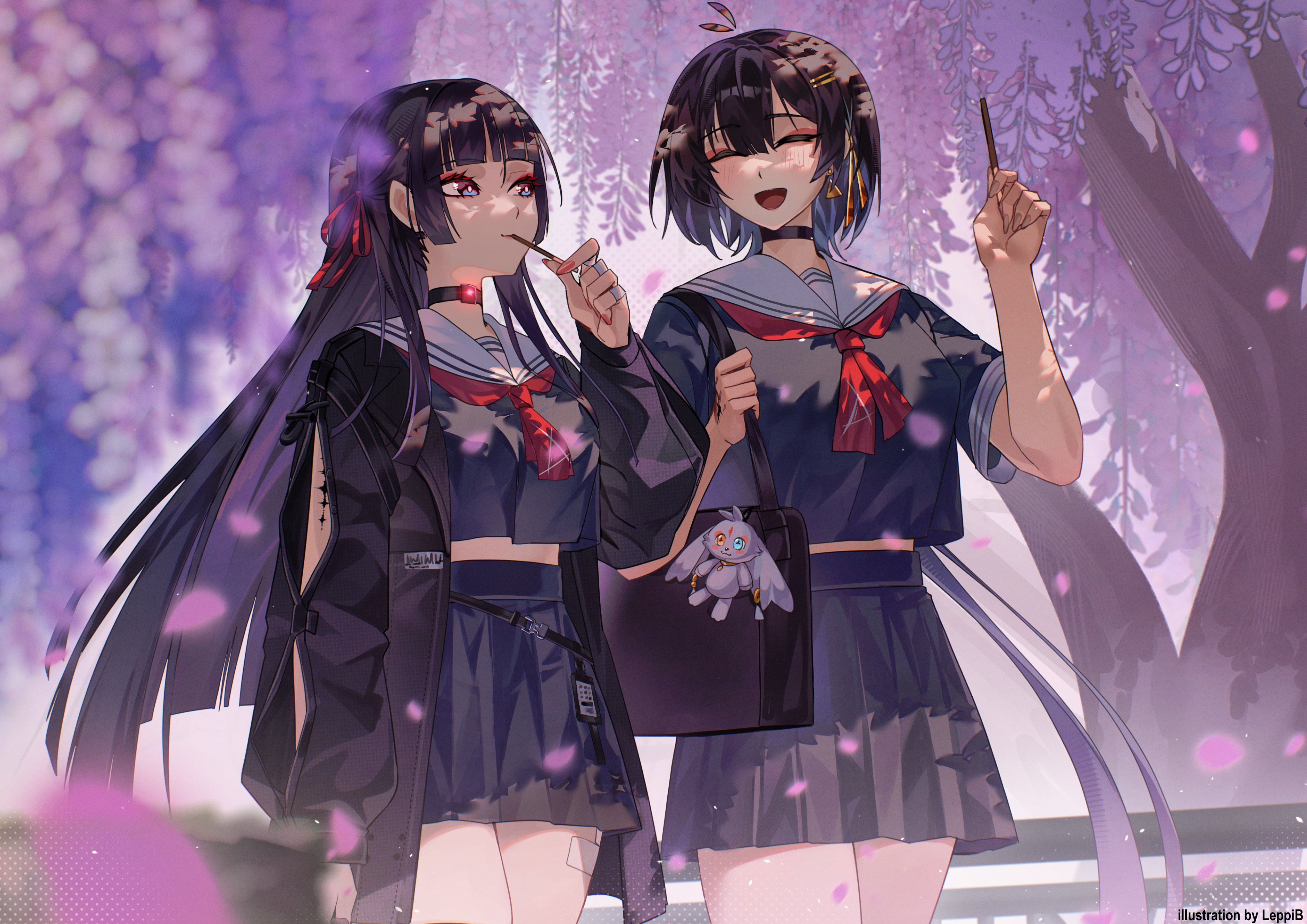 leppib, abby (wuthering waves), chisa (wuthering waves), female rover (wuthering waves), rover (wuthering waves), wuthering waves, absurdres, commentary, english commentary, highres, revision, 2girls, alternate costume, arm cutout, artist name, bag, bag charm, black choker, black hair, black jacket, black serafuku, black shirt, black skirt, blurry, blurry foreground, breasts, charm (object), choker, closed eyes, clothing cutout, eating, food, food in mouth, hair ribbon, jacket, long hair, long sleeves, looking at another, medium breasts, multiple girls, neckerchief, open mouth, pocky, pocky in mouth, red neckerchief, red ribbon, ribbon, sailor collar, school bag, school uniform, serafuku, shirt, skirt, smile, tacet mark (wuthering waves), very long hair, white sailor collar