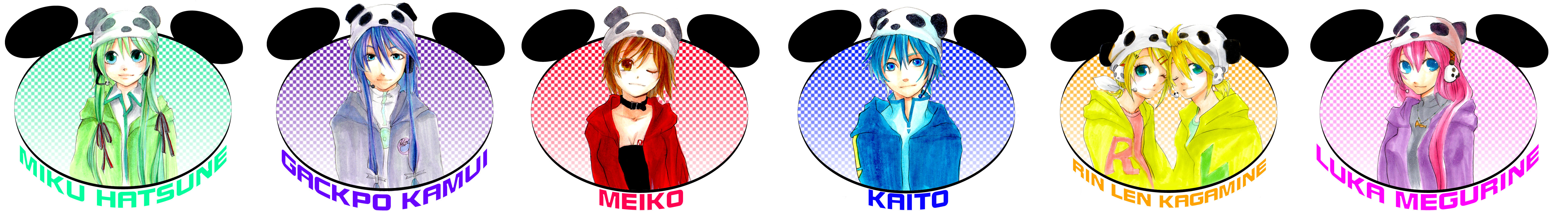 honoka (pandatype), honoka (pixiv130846), hatsune miku, kagamine len, kagamine rin, kaito (vocaloid), kamui gakupo, megurine luka, meiko (vocaloid), vocaloid, absurdres, bad id, bad pixiv id, highres, long image, wide image, 3boys, 4girls, animal hat, aqua eyes, blonde hair, blue eyes, blue hair, brown eyes, brown hair, green hair, hair ornament, hair ribbon, hairclip, hat, headphones, headset, hood, hoodie, long hair, multiple boys, multiple girls, one eye closed, panda, pink hair, purple hair, ribbon, short hair, siblings, smile, twins, twintails, wink