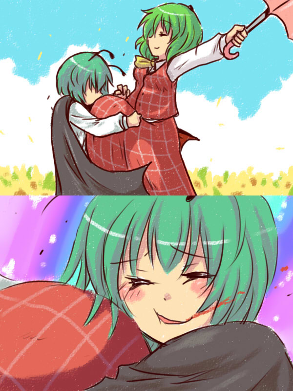 toto (hitori othello), kazami yuuka, wriggle nightbug, touhou, bad id, bad pixiv id, 2girls, antennae, ascot, blood, cape, closed eyes, female focus, field, flower, flower field, green hair, happy, kicking, masochism, multiple girls, nature, outstretched arms, plaid clothes, plaid skirt, plaid vest, short hair, skirt, skirt set, umbrella, vest