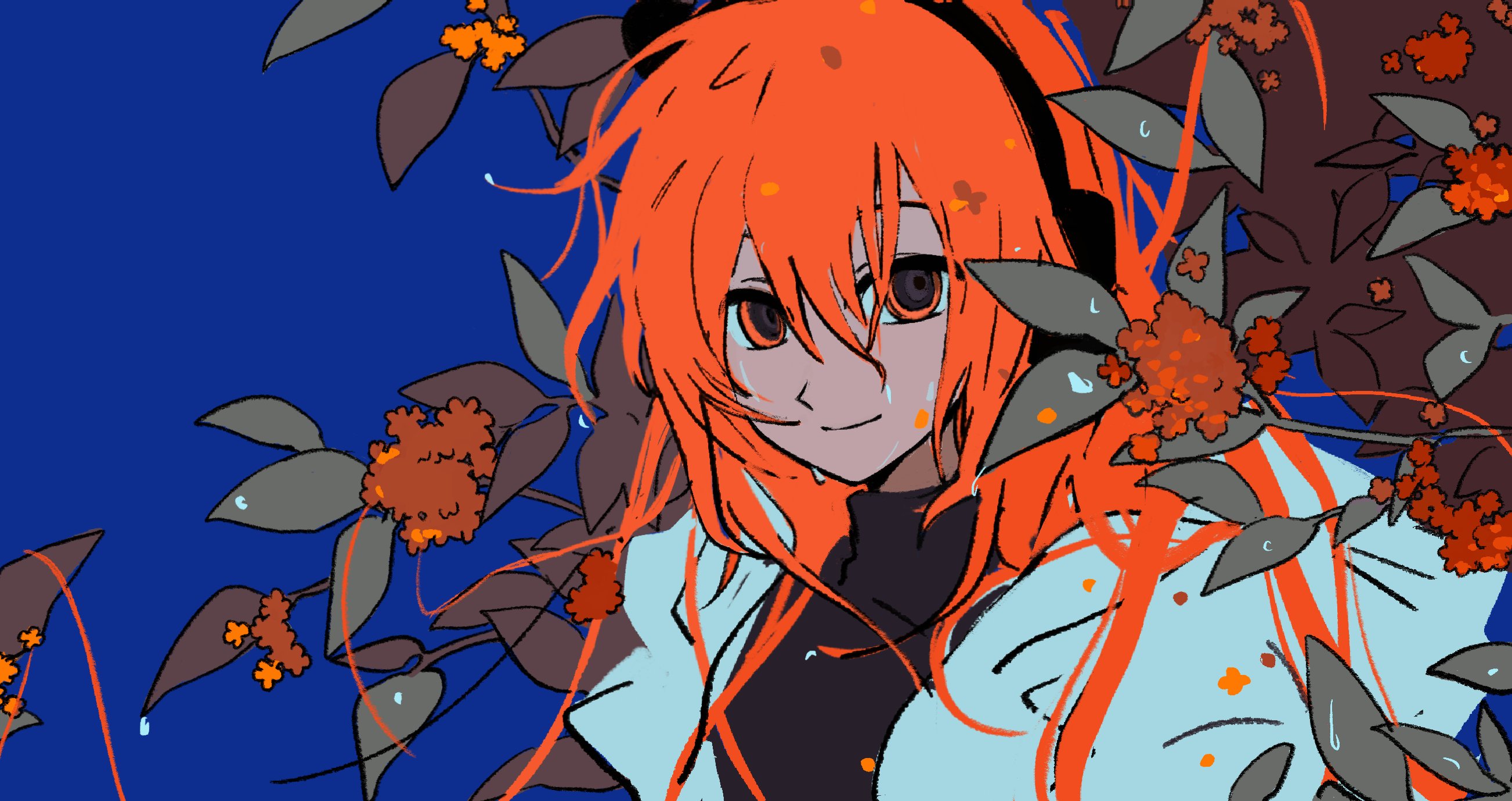 sfrabbit, adachi rei, a.i. voice, utau, highres, 1girl, black shirt, blue background, closed mouth, coat, dew drop, flower, hair between eyes, long hair, looking at viewer, orange hair, plant, portrait, shirt, simple background, smile, solo, turtleneck, water drop, wet, wet hair, white coat