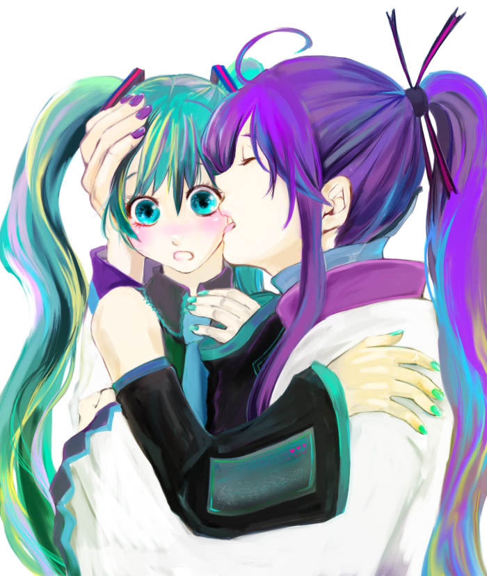 honoka (pandatype), honoka (pixiv130846), hatsune miku, kamui gakupo, vocaloid, bad id, bad pixiv id, 1boy, 1girl, aqua eyes, aqua hair, blush, closed eyes, detached sleeves, green nails, hetero, hug, licking, long hair, nail polish, ponytail, purple hair, purple nails, simple background, tongue, twintails, very long hair