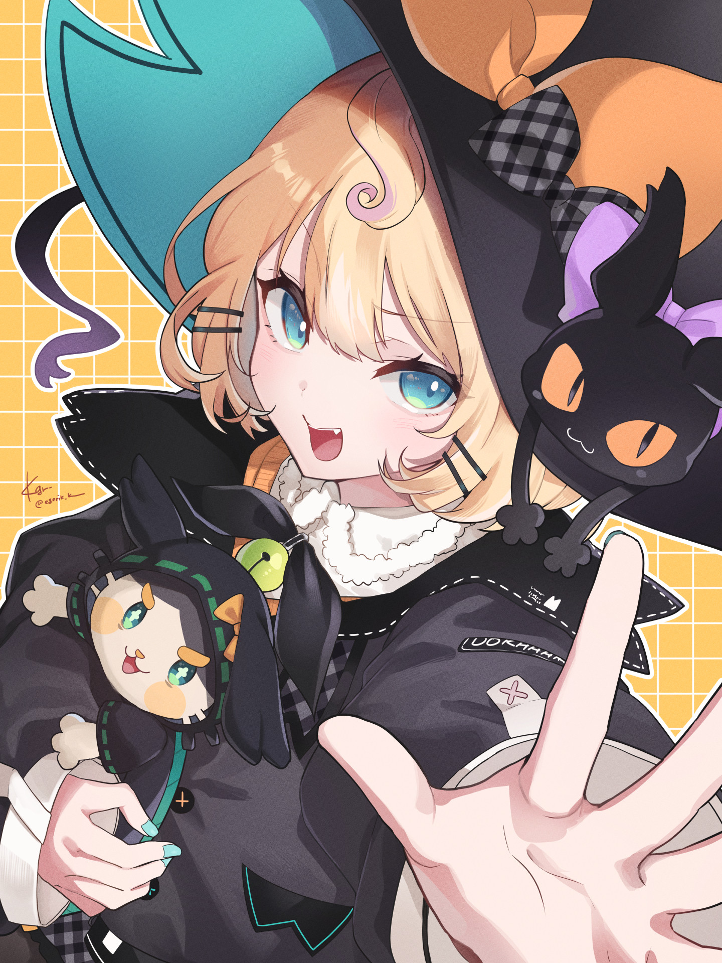 kgr, famillie (millie parfait), lucie (millie parfait), millie parfait, millie parfait (1st costume), nijisanji, nijisanji en, commentary, highres, symbol-only commentary, 1girl, :d, ahoge, aqua eyes, aqua nails, artist name, bell, black jacket, blonde hair, bow, cardigan, fang, grid background, hair between eyes, hat, hat bow, jacket, large hat, light blush, looking at viewer, medium hair, neck bell, open mouth, orange cardigan, outstretched hand, signature, smile, twitter username, virtual youtuber, witch hat