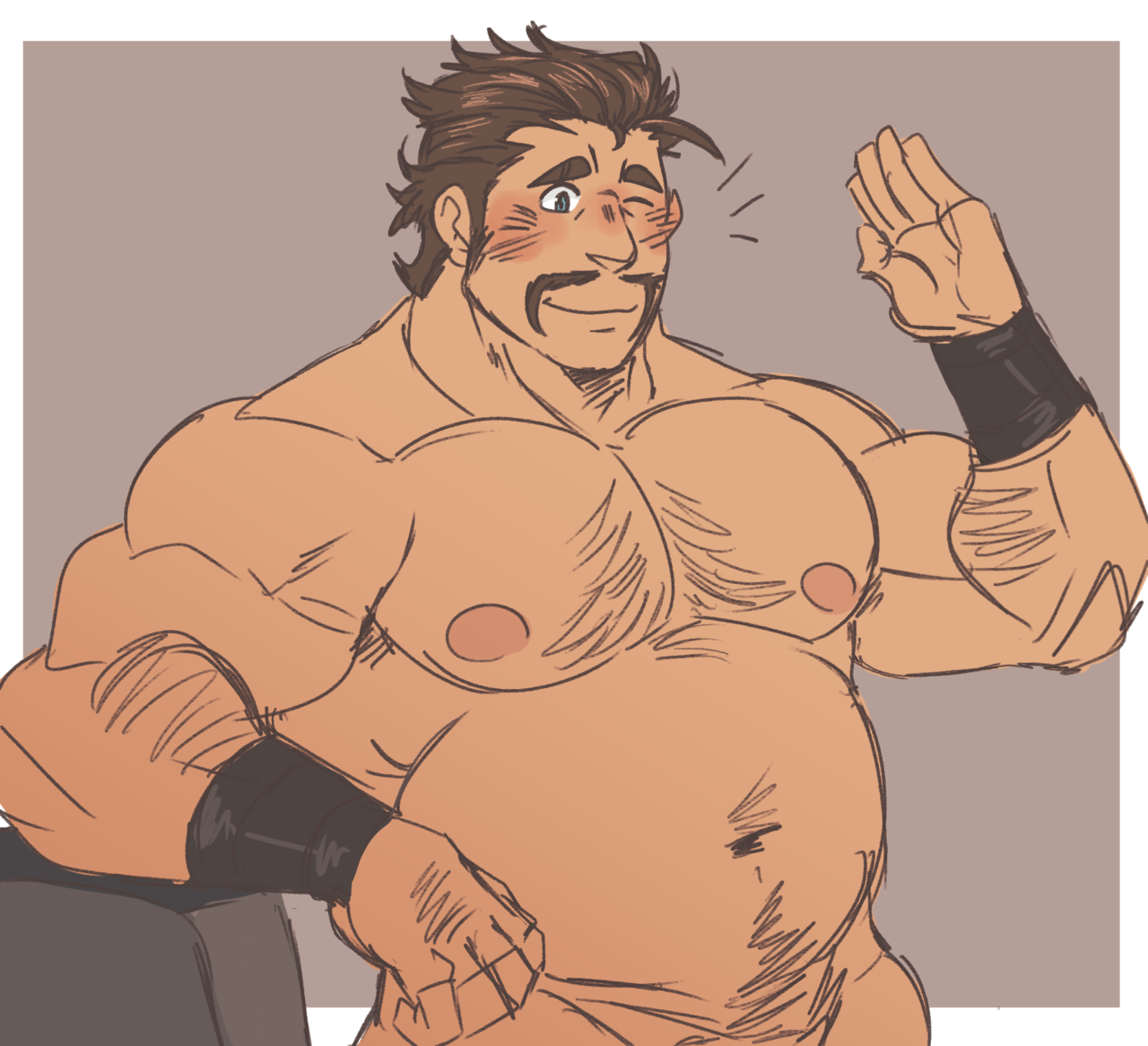 juggermelon, alois rangeld, fire emblem, fire emblem: three houses, nintendo, commentary, english commentary, 1boy, arm hair, bara, belly, brown hair, chest hair, closed mouth, facial hair, male focus, muscular, muscular male, navel, navel hair, nipples, one eye closed, outside border, pectorals, short hair, simple background, solo, upper body