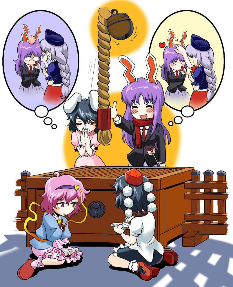 uirou (uirou1), inaba tewi, komeiji satori, reisen udongein inaba, shameimaru aya, yagokoro eirin, touhou, silver hair, 5girls, animal ears, black hair, female focus, geta, hairband, hat, heart, long hair, multiple girls, necktie, purple eyes, purple hair, rabbit ears, red eyes, short hair, tengu-geta, tokin hat