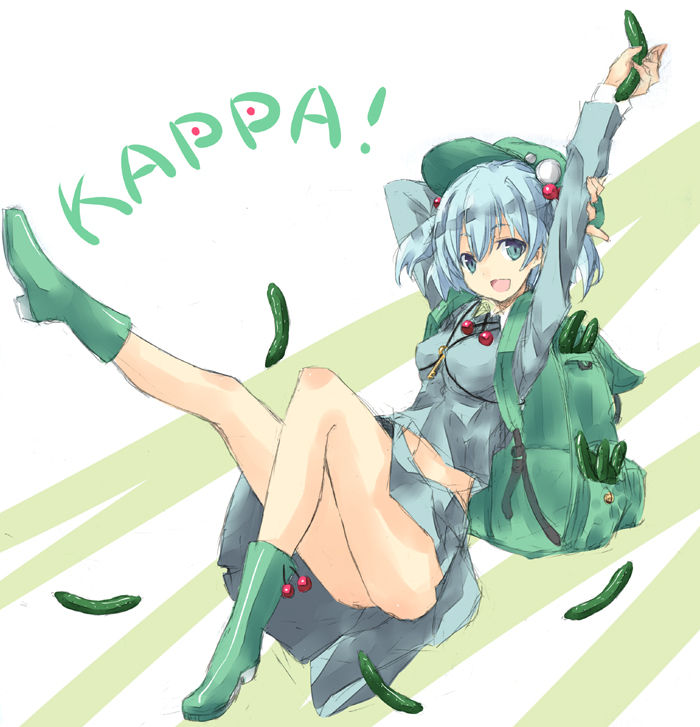 nabeshima tetsuhiro, kawashiro nitori, touhou, graphite (medium), mixed media, traditional media, 1girl, arm up, backpack, bag, blue hair, boots, cucumber, female focus, green boots, green eyes, green theme, hair bobbles, hair ornament, hat, legs, midriff, navel, no panties, randoseru, sketch, smile, solo, twintails, two side up