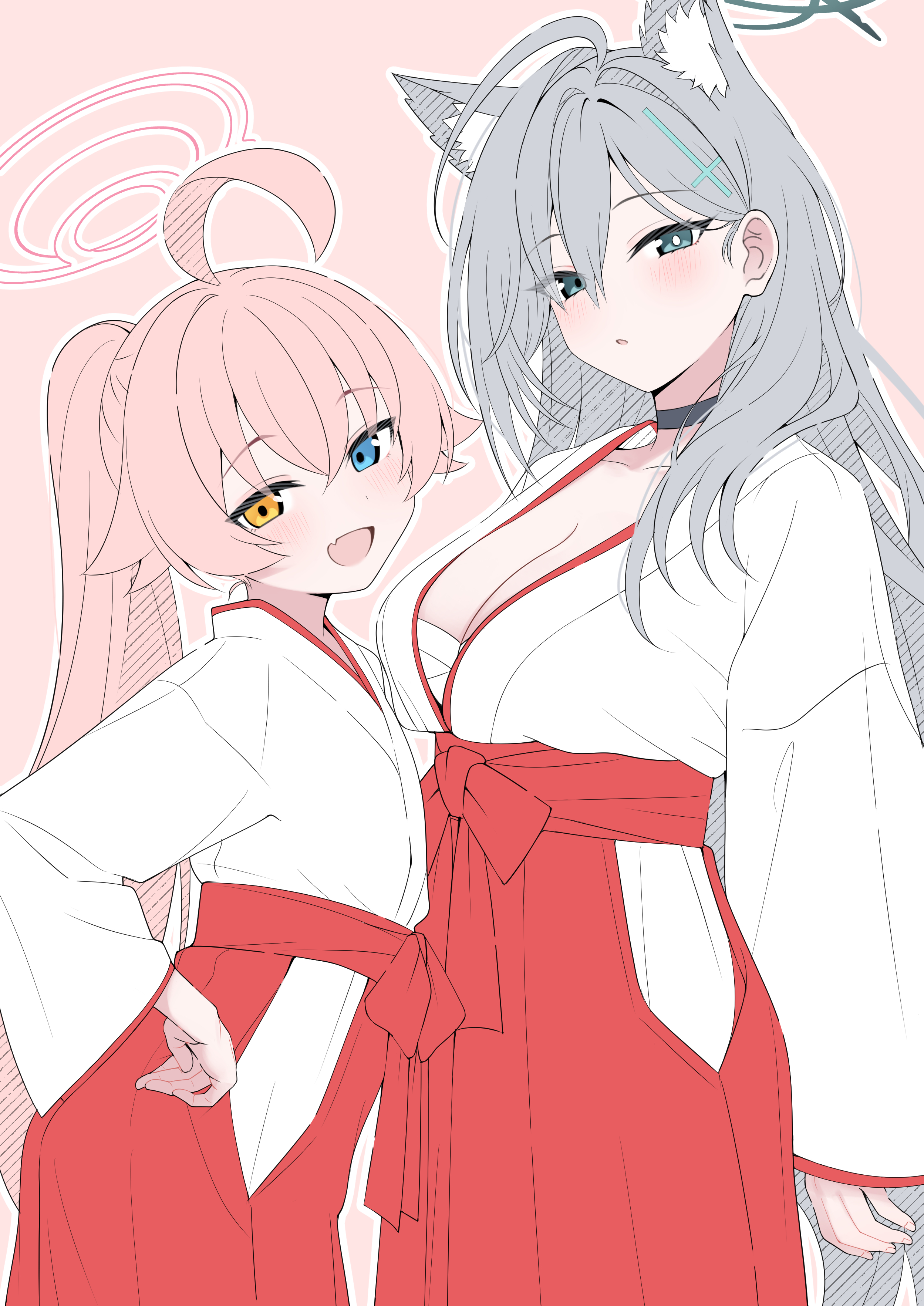 mistel (sukebemistel), hoshino (blue archive), shiroko terror (blue archive), blue archive, absurdres, commentary, highres, 2girls, ahoge, alternate costume, animal ear fluff, animal ears, black choker, blue eyes, breasts, choker, cleavage, cross hair ornament, flat chest, grey hair, grey halo, hair ornament, halo, heterochromia, japanese clothes, large breasts, long hair, miko, multiple girls, open mouth, outline, pink background, pink hair, pink halo, ponytail, simple background, white outline, wolf ears, wolf girl