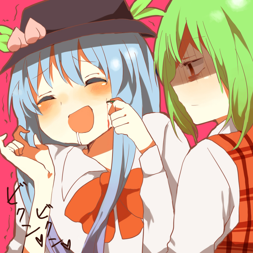 orange (artist), orange (bibiko), hinanawi tenshi, kazami yuuka, touhou, bad id, bad pixiv id, 2girls, blood, blue hair, blush, bow, cheek poking, drooling, female focus, green hair, hat, masochism, multiple girls, plaid clothes, plaid vest, poking, shaded face, trembling, vest