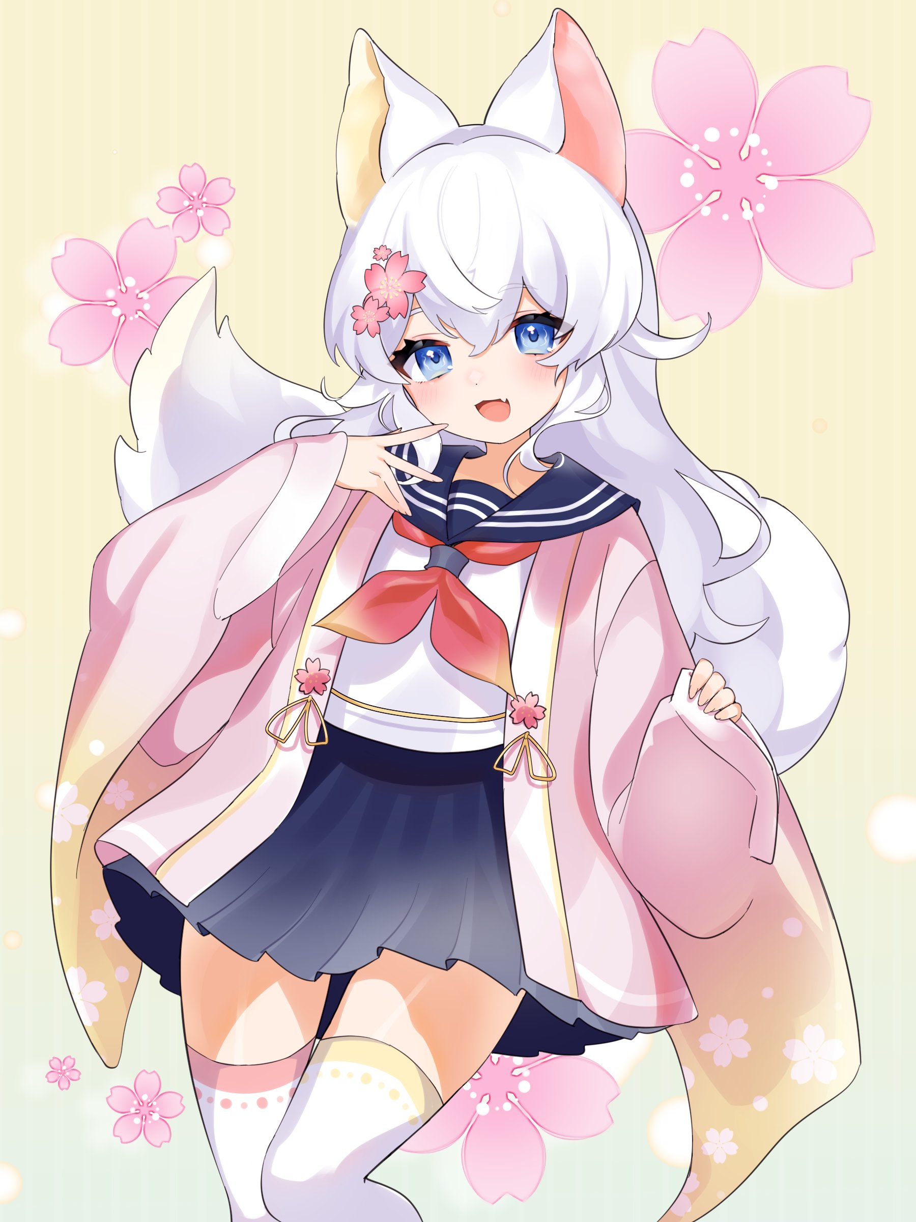 shake (noripasuta), indie virtual youtuber, absurdres, commentary, english commentary, highres, second-party source, 1girl, animal ears, blue eyes, blush, cherry blossoms, coratfg, double-parted bangs, fox ears, fox girl, fox tail, long hair, open mouth, pleated skirt, school uniform, simple background, skirt, smile, tail, thighhighs, virtual youtuber, white hair, zettai ryouiki