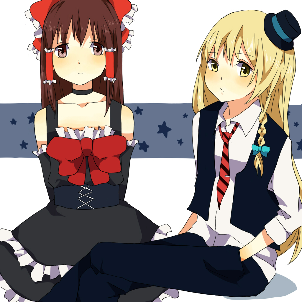 orange (artist), orange (bibiko), hakurei reimu, kirisame marisa, touhou, bad id, bad pixiv id, 2girls, alternate costume, blonde hair, contemporary, costume, female focus, hat, multiple girls, ribbon