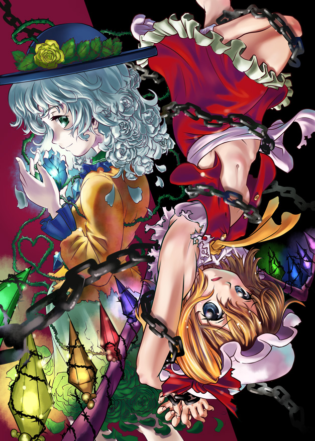 uirou (uirou1), flandre scarlet, komeiji koishi, touhou, silver hair, 2girls, armpits, blonde hair, blue eyes, chain, female focus, flower, green eyes, hat, multiple girls, open clothes, open shirt, ponytail, rose, shirt, short hair, side ponytail, wings, yellow flower, yellow rose