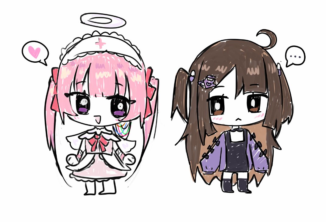 kiureyii, ai-chan (love angel syndrome), yuuna (love angel syndrome), love angel syndrome, …, 2girls, :<, ahoge, angel, angel wings, bandaged arm, bandages, barefoot, bow, bright pupils, brown eyes, brown hair, cable, cat hair ornament, chibi, chibi only, closed mouth, hair ornament, hairband, halo, heart, jacket, lolita fashion, lolita hairband, multiple girls, open mouth, pill hair ornament, pink bow, pink hair, pink ribbon, pink shirt, pink skirt, purple bow, purple eyes, purple jacket, purple shirt, purple socks, ribbon, shirt, short twintails, simple background, skirt, sleeves past fingers, sleeves past wrists, smile, socks, speech bubble, spoken ellipsis, spoken heart, triangle mouth, twintails, white background, white pupils, wings