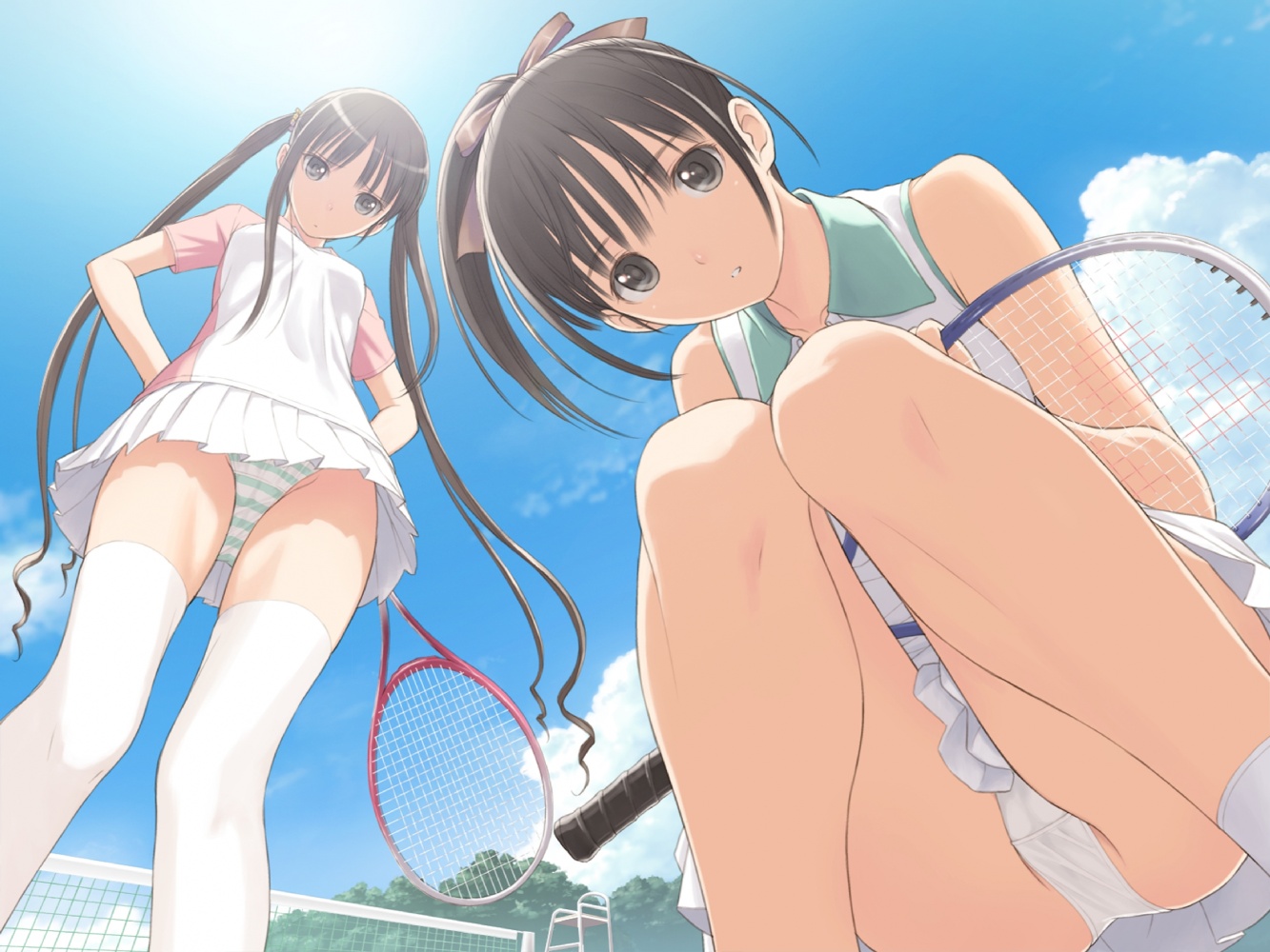 tony taka, saeki ai, sugiyama mio, fault!!, 00s, 2girls, brown hair, cloud, grey eyes, legs, long legs, multiple girls, panties, racket, ribbon, sky, sportswear, striped clothes, striped panties, tennis net, tennis racket, tennis uniform, thighhighs, underwear, upskirt, white panties