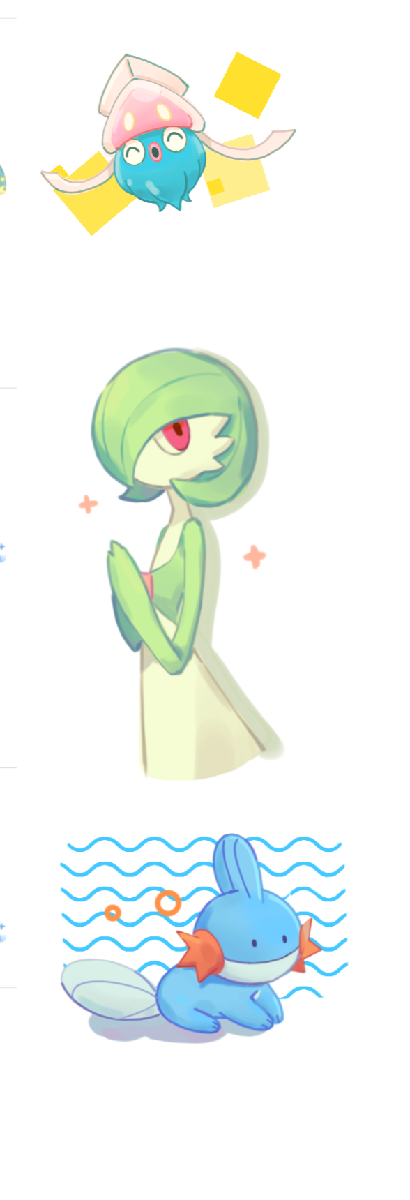 niangao ren, ditto, gardevoir, inkay, mudkip, transformed ditto, nintendo, pokemon, . ., 1girl, :o, ^ ^, black eyes, blank eyes, bob cut, closed eyes, closed mouth, colored skin, female focus, flat chest, from side, gen 1 pokemon, gen 3 pokemon, gen 6 pokemon, green hair, green skin, hair over one eye, hands up, happy, looking back, multicolored skin, one eye covered, own hands together, pokemon (creature), red eyes, short hair, simple background, sitting, standing, two-tone skin, white background, white skin