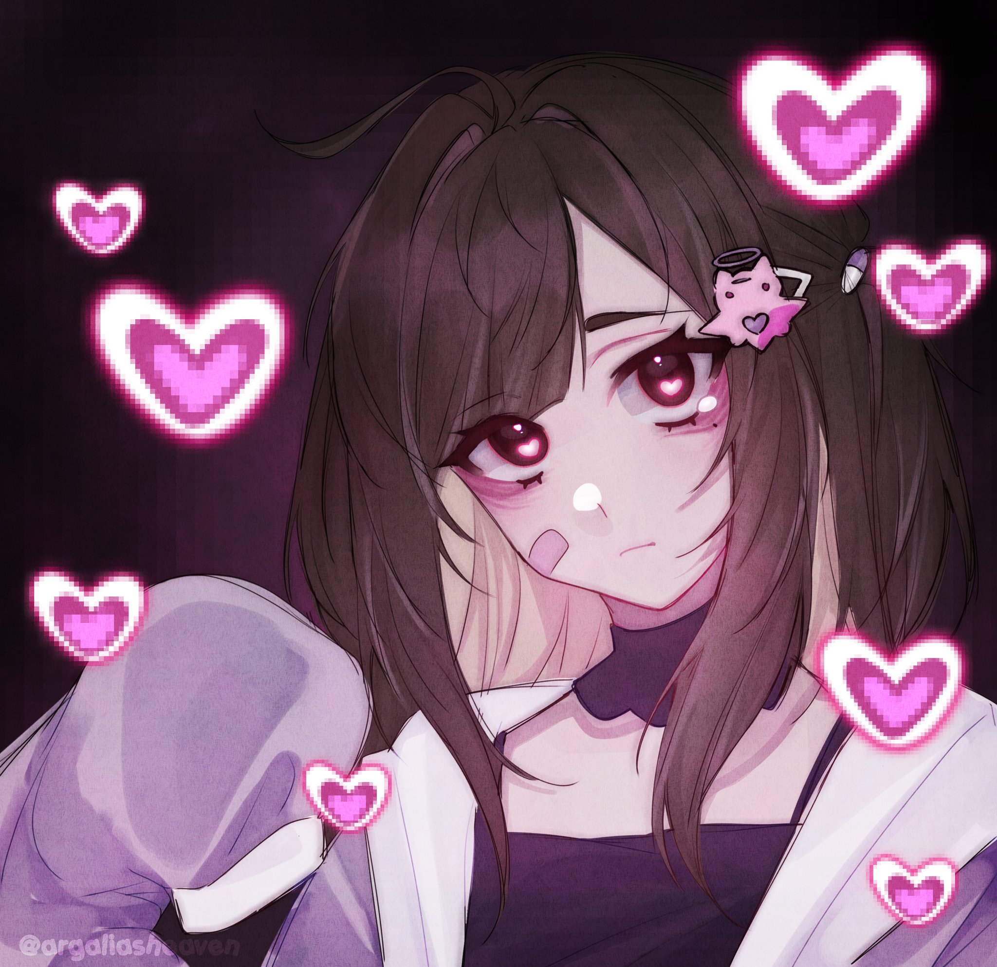 argaliasheaven, yuuna (love angel syndrome), love angel syndrome, 1girl, aegyo sal, ahoge, bandaid, bandaid on cheek, bandaid on face, blonde hair, brown hair, cat hair ornament, closed mouth, expressionless, hair intakes, hair ornament, heart, jacket, long hair, looking at viewer, mole, mole under eye, multicolored hair, pill hair ornament, pink eyes, pixel heart, purple background, purple jacket, purple shirt, shirt, short twintails, sleeves past fingers, sleeves past wrists, solo, twintails, upper body