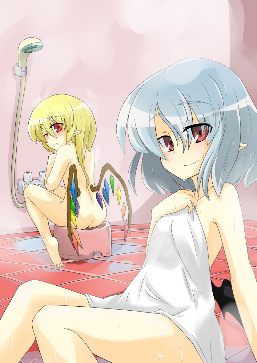 ariyoshi gen, flandre scarlet, remilia scarlet, touhou, silver hair, bad id, bad pixiv id, 2girls, ass, barefoot, bath, bathroom, blonde hair, blue hair, female focus, loli, multiple girls, no headwear, nude, one eye closed, open mouth, pointy ears, red eyes, same-sex bathing, shared bathing, short hair, siblings, sisters, smile, towel, wet, wings, wink