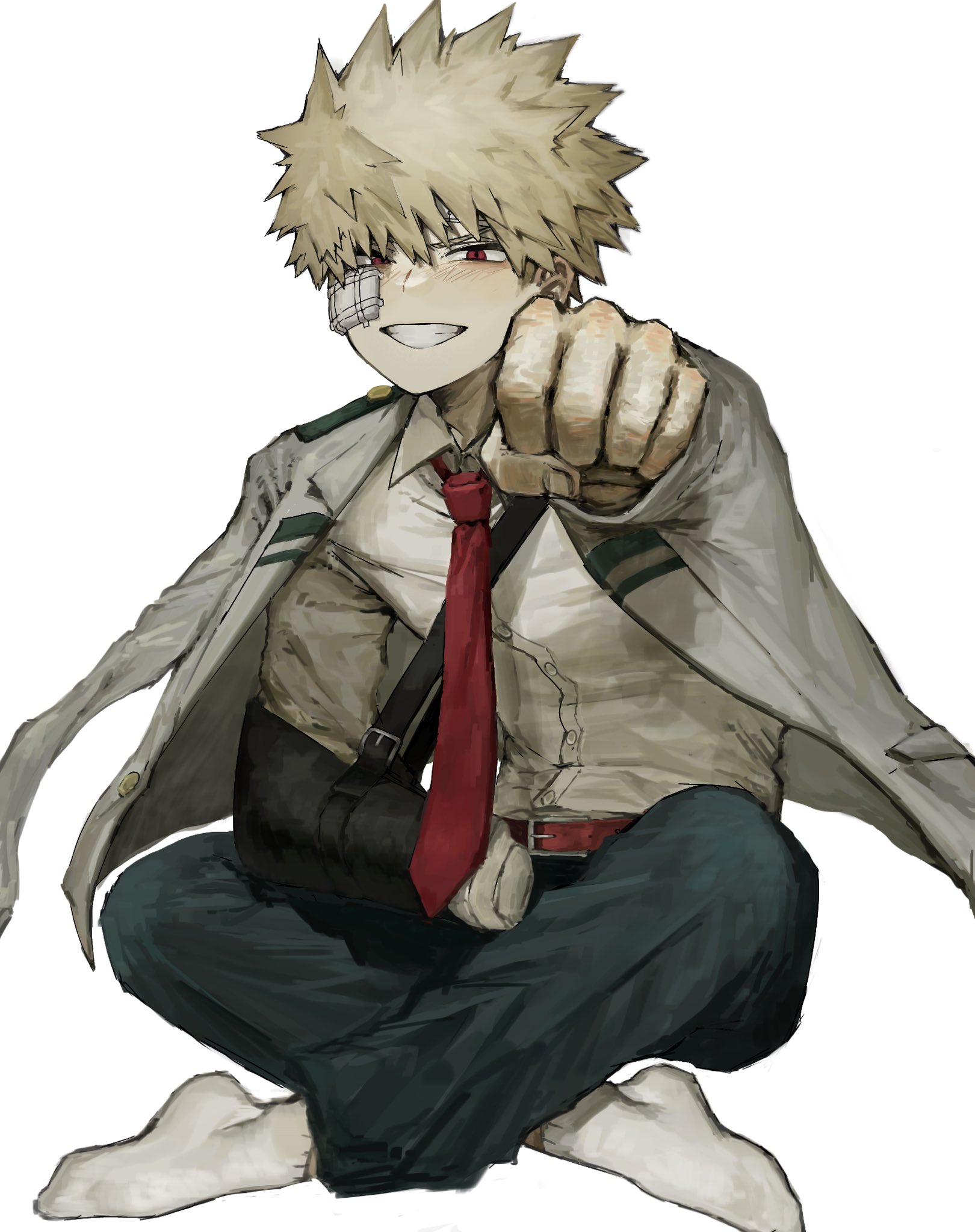 bakugou katsuki, boku no hero academia, commentary request, highres, 1boy, arm sling, black pants, blonde hair, bn 56s, clenched hand, collared shirt, gauze, gauze on cheek, grey jacket, grin, injury, jacket, long sleeves, looking at viewer, male focus, necktie, open clothes, open jacket, outstretched arm, pants, red eyes, red necktie, school uniform, shirt, short hair, simple background, sitting, smile, socks, solo, spiked hair, teeth, u.a. school uniform, white background, white shirt, white socks, wing collar
