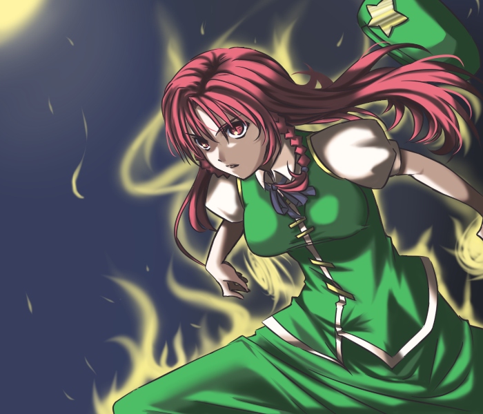 haruichi (komikal), ex-meiling, hong meiling, immaterial and missing power, touhou, 1girl, aura, braid, breasts, china dress, chinese clothes, dress, female focus, hat, long hair, night, red eyes, red hair, slit pupils, solo, twin braids