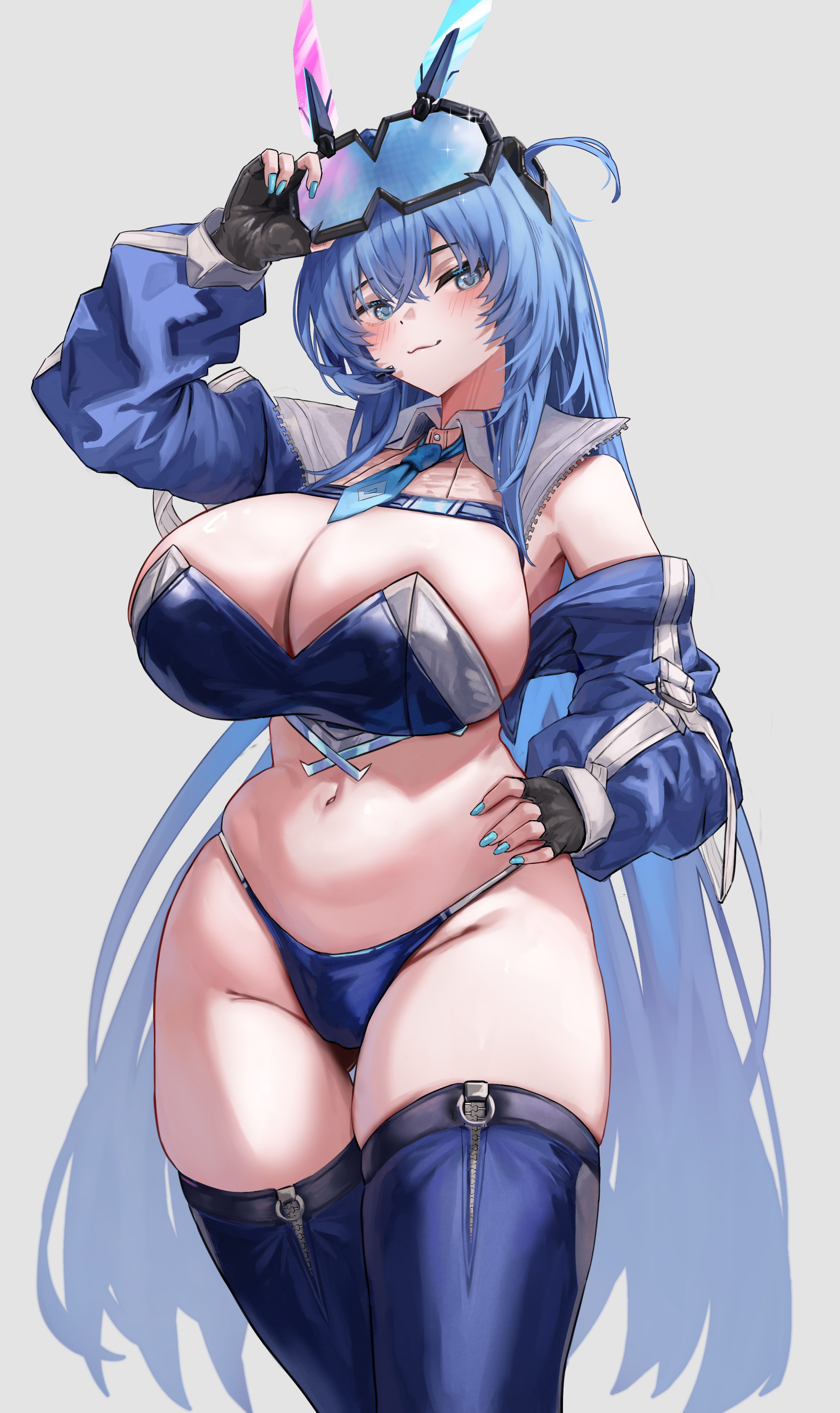 ye yue, new jersey (azur lane), new jersey (black blur prelude) (azur lane), azur lane, absurdres, commentary request, highres, 1girl, :3, adjusting eyewear, animal ears, black gloves, blue eyes, blue nails, blue necktie, blue panties, blue shrug, blue thighhighs, breasts, cleavage, cowboy shot, eyewear on head, fake animal ears, fingerless gloves, gloves, huge breasts, long hair, long sleeves, looking at viewer, loose necktie, nail polish, necktie, official alternate costume, panties, puffy long sleeves, puffy sleeves, race queen, short necktie, shrug (clothing), simple background, skindentation, solo, thighhighs, underwear, very long hair, white background