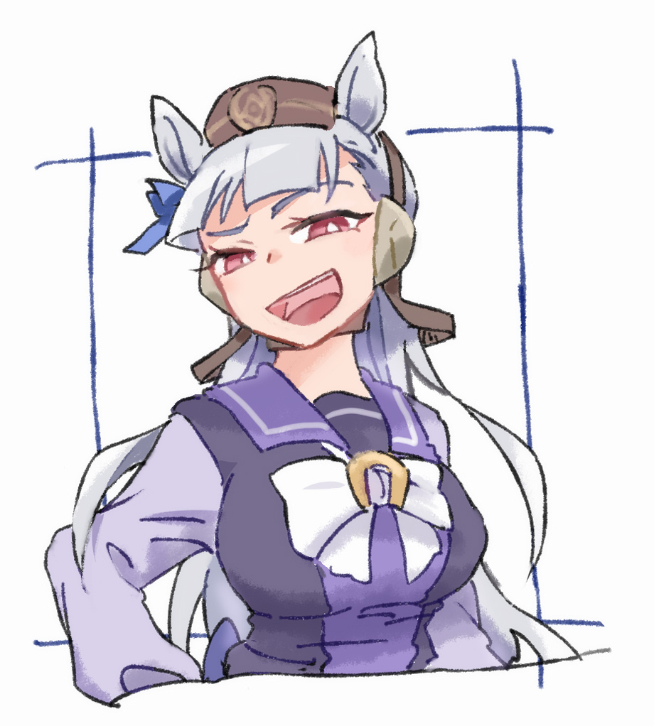 beer hsk, gold ship (umamusume), umamusume, commentary request, 1girl, :d, animal ears, bow, breasts, brown hat, cropped torso, ear covers, grey background, grey hair, hat, horse ears, large breasts, long hair, long sleeves, mini hat, open mouth, puffy long sleeves, puffy sleeves, purple shirt, red eyes, school uniform, shirt, simple background, smile, solo, tracen school uniform, upper body, very long hair, white bow