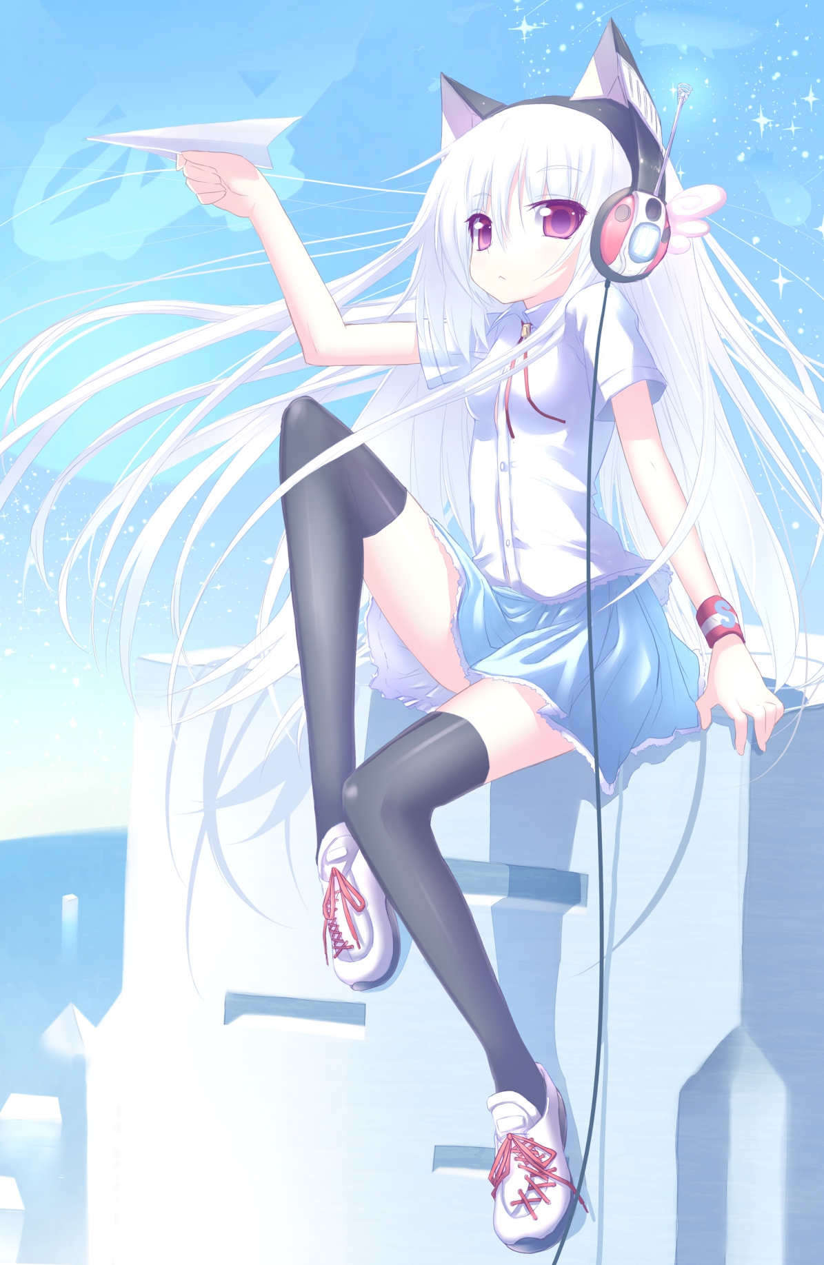 hiraga matsuri, hirasato, original, highres, 1girl, animal ears, cat ears, female focus, headphones, holding, holding paper airplane, paper airplane, red eyes, ribbon, shoes, sneakers, solo, thighhighs, white hair, zettai ryouiki