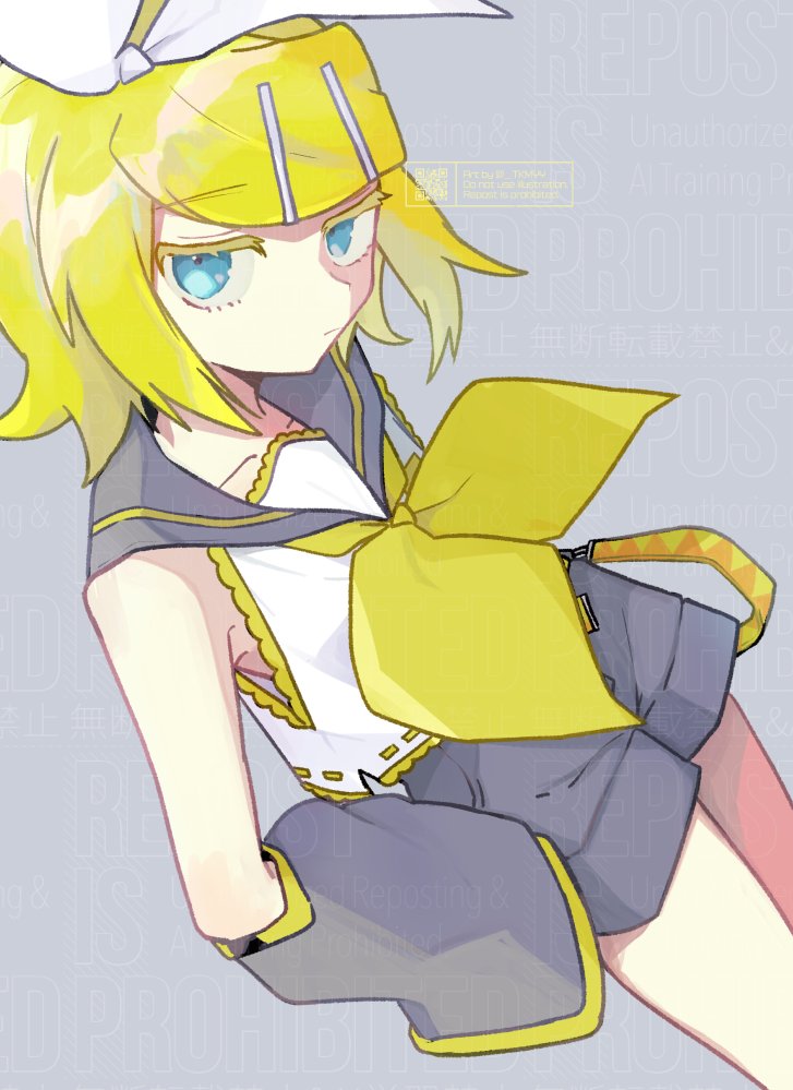 takamiya yuu, kagamine rin, vocaloid, hashtag-only commentary, 1girl, aqua eyes, bare shoulders, belt, blonde hair, bow, collarbone, colored eyelashes, dutch angle, expressionless, flat chest, from above, grey sailor collar, grey shorts, grey sleeves, hair bow, hair ornament, hairclip, hands on own hips, jitome, long sleeves, looking at viewer, medium hair, neckerchief, orange belt, sailor collar, shirt, shorts, sideways glance, sleeveless, sleeveless shirt, sleeves past fingers, sleeves past wrists, solo, swept bangs, white bow, wide sleeves, yellow neckerchief