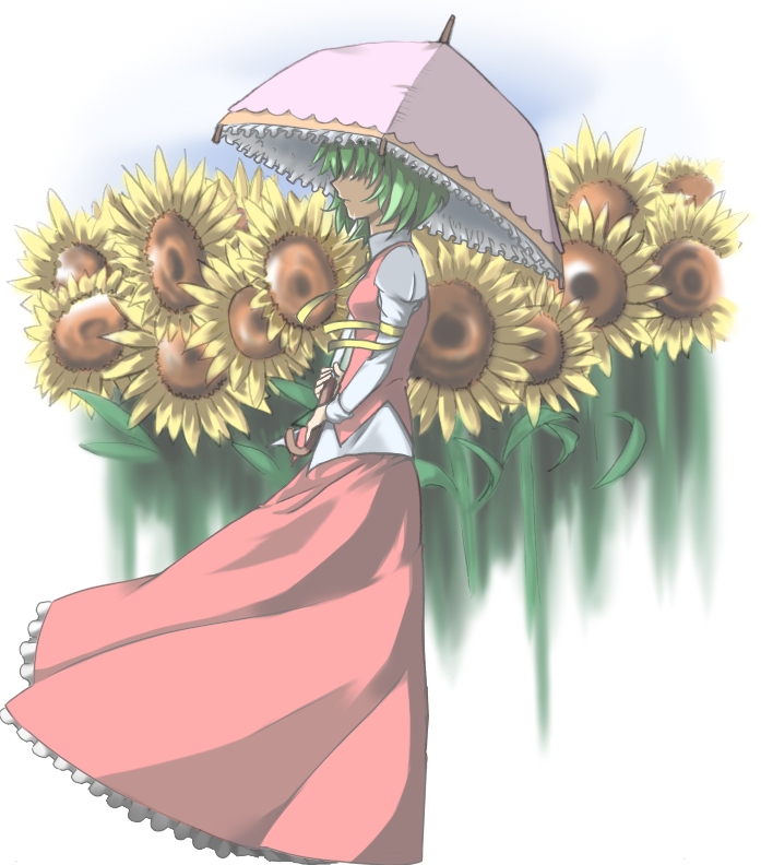 haruichi (komikal), kazami yuuka, touhou, 1girl, ascot, female focus, flower, lonely, parasol, profile, skirt, skirt set, solo, sunflower, tears, umbrella, vest, wind