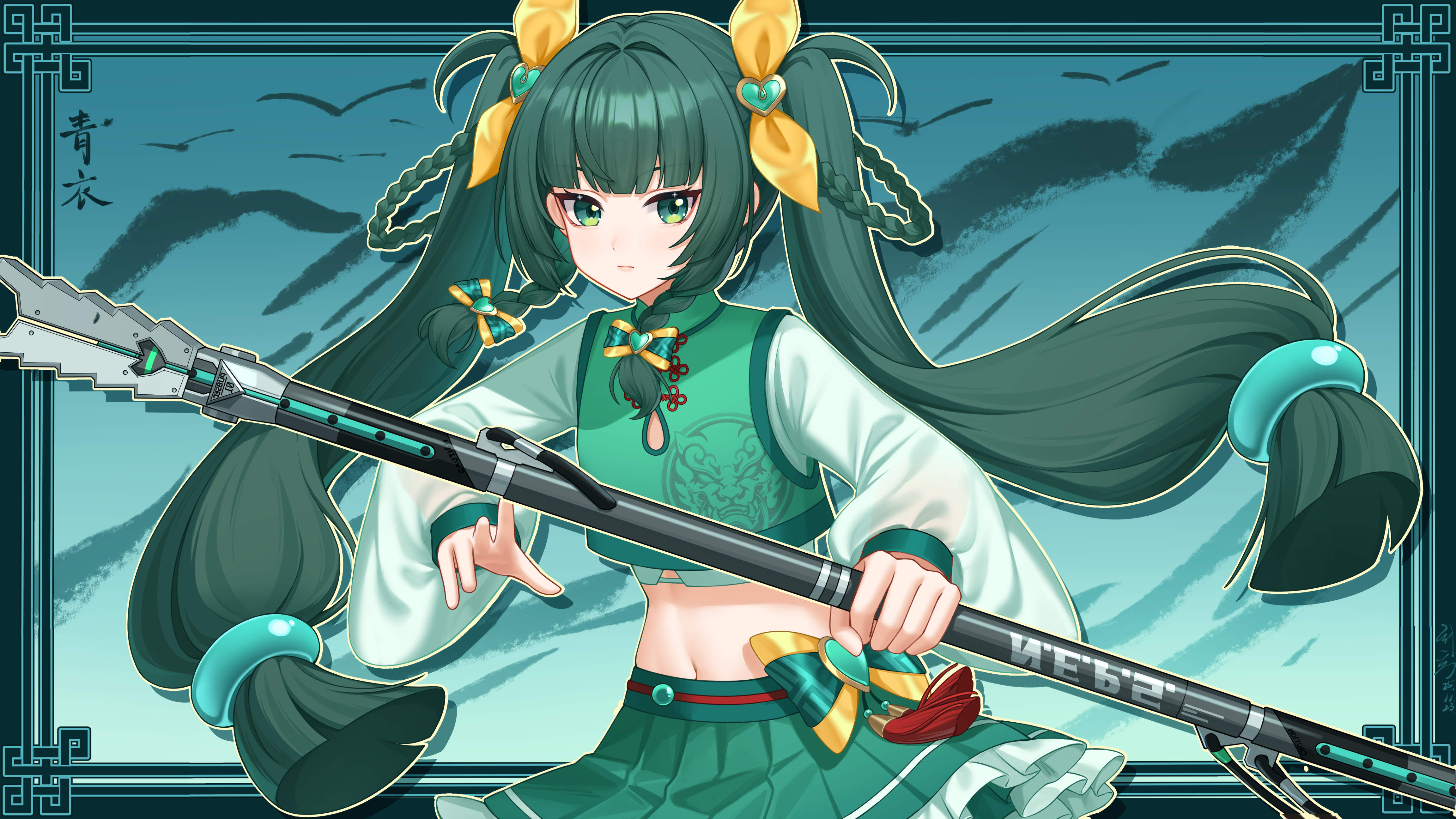 qi xuan, qingyi (zenless zone zero), zenless zone zero, absurdres, commentary request, highres, 1girl, alternate costume, blunt bangs, bow, braid, breasts, chinese clothes, closed mouth, cowboy shot, crop top, floating hair, frilled skirt, frills, green bow, green eyes, green hair, green shirt, green skirt, hair bow, hair ornament, heart, heart hair ornament, holding, holding staff, layered shirt, long hair, looking at viewer, magical girl, midriff, navel, pleated skirt, see-through clothes, see-through sleeves, shirt, side braids, sidelocks, skirt, small breasts, solo, staff, standing, three section staff, twintails, yellow bow