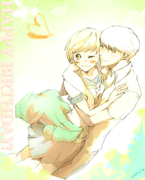 iboibocco, narukami yu, satonaka chie, atlus, persona, persona 4, bad id, bad pixiv id, 1boy, 1girl, birthday, brown eyes, brown hair, couple, hetero, hug, school uniform, short hair, smile, tomboy
